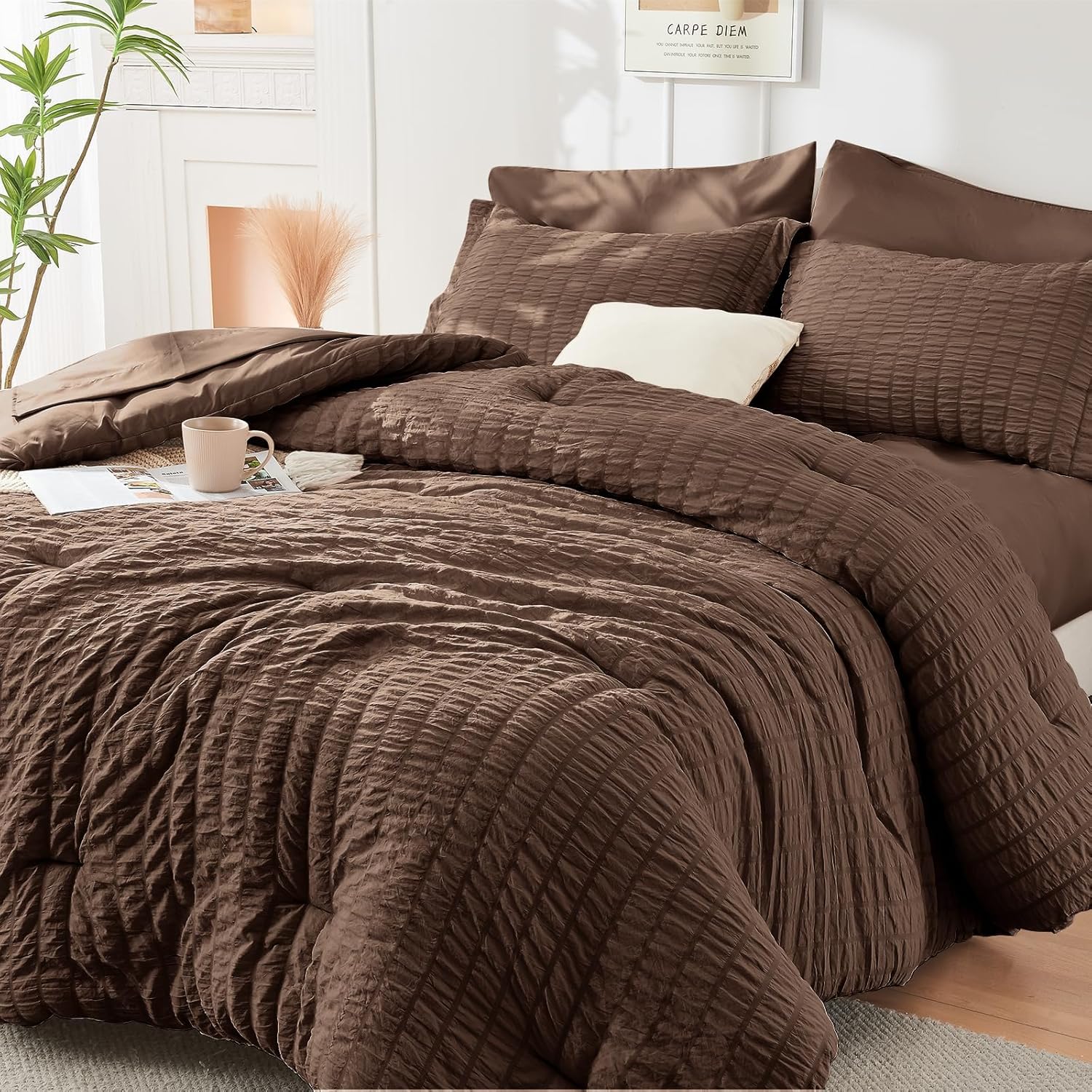 HYMOKEGE 7 Piece King Size Comforter Set Seersucker, All Season Luxury Bed in a Bag for Bedroom, Bedding Set with Comforters, Sheets, Pillowcases & Shams, Dark Grey