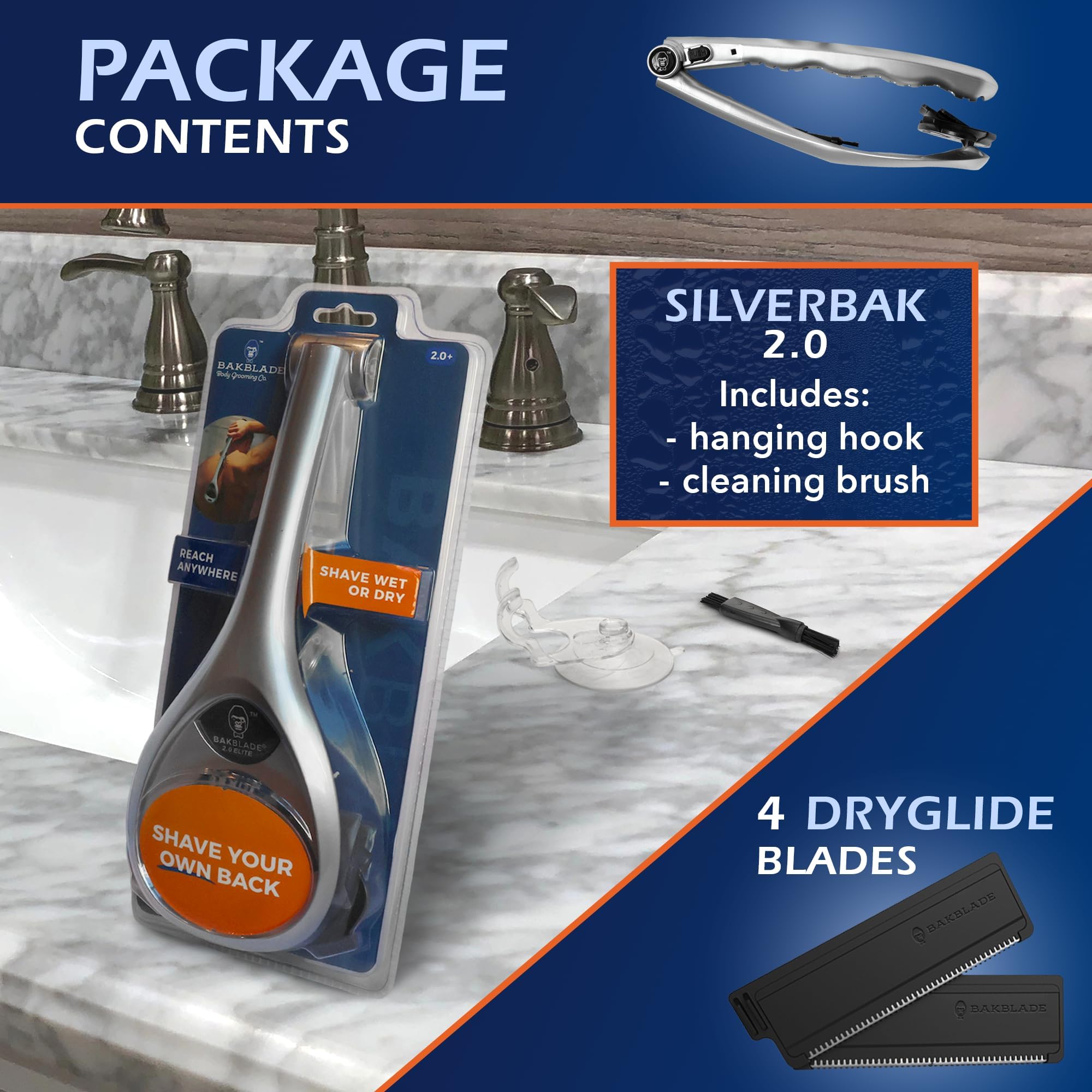 baKblade 2.0 PLUS - Back Shaver for Men (DIY), Ergonomic Handle, Shave Wet or Dry (Extra Blades Included)