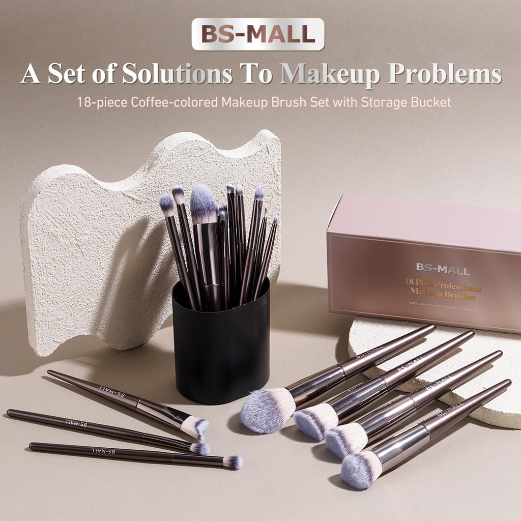 BS-MALL Makeup Brush Set 18 Pcs Professional Foundation Powder Concealers Eyeshadow Blush Synthetic Makeup Brushes with Labeled instruction Black Case Upgraded Version