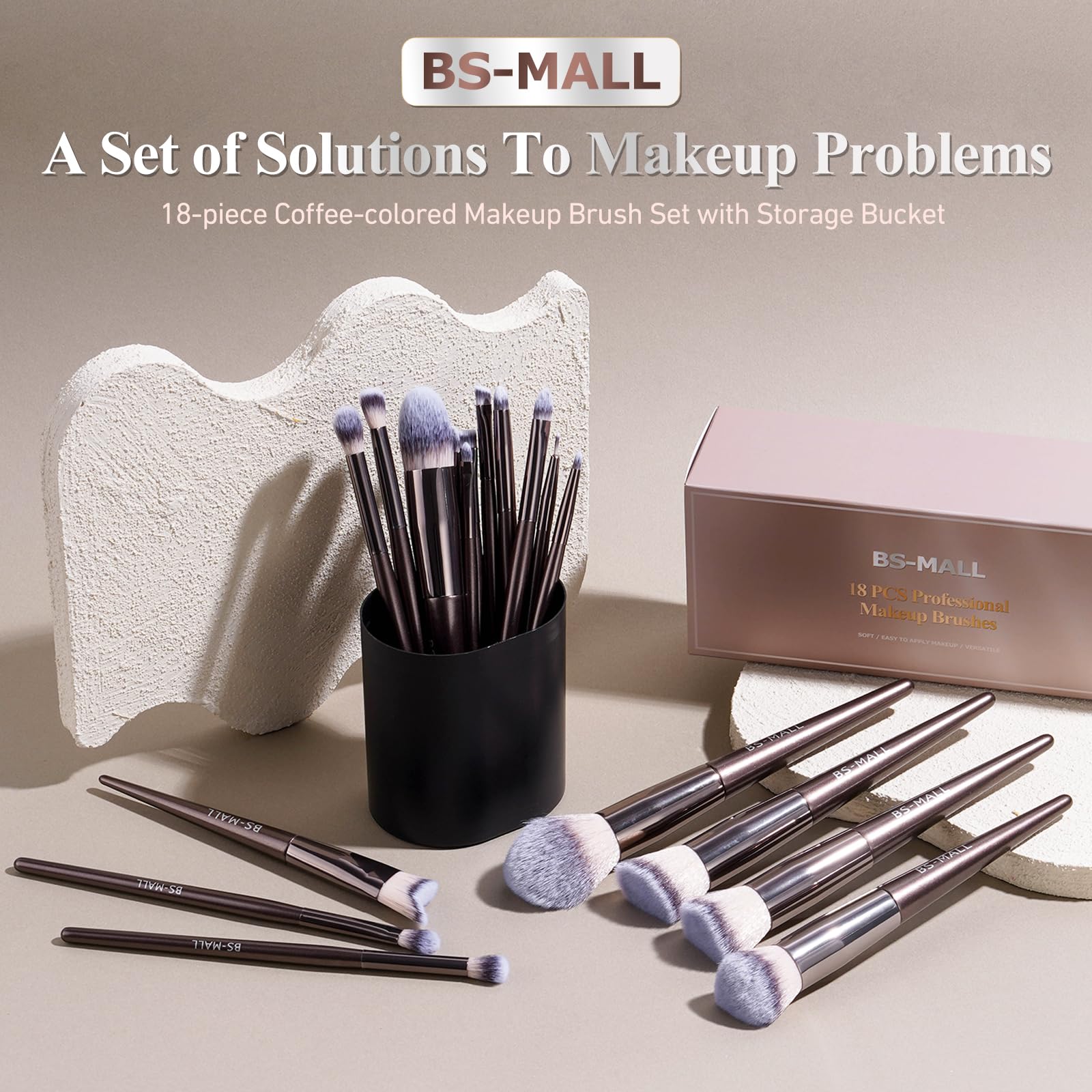 BS-MALL Makeup Brush Set 18 Pcs Professional Foundation Powder Concealers Eyeshadow Blush Synthetic Makeup Brushes with Labeled instruction Black Case Upgraded Version