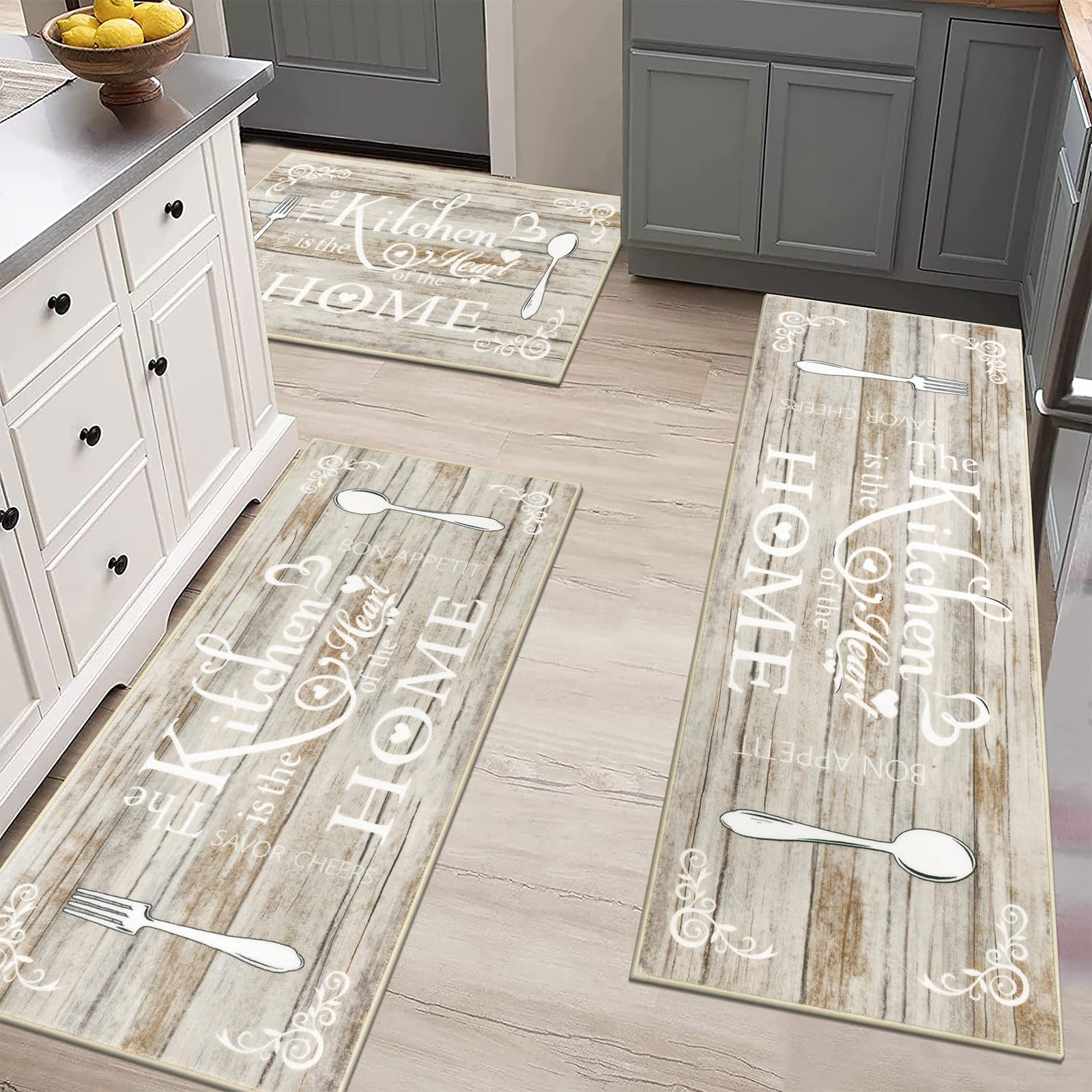 Vaukki Boho Kitchen Rug Sets 3 Pieces, Washable Kitchen Mats for Floor, Non Slip Soft Kitchen Area Rug Floor Mat for Kitchen, Laundry Room and Hallway (Grey and Beige, 20''x32''+20''x47''+20''x59'')