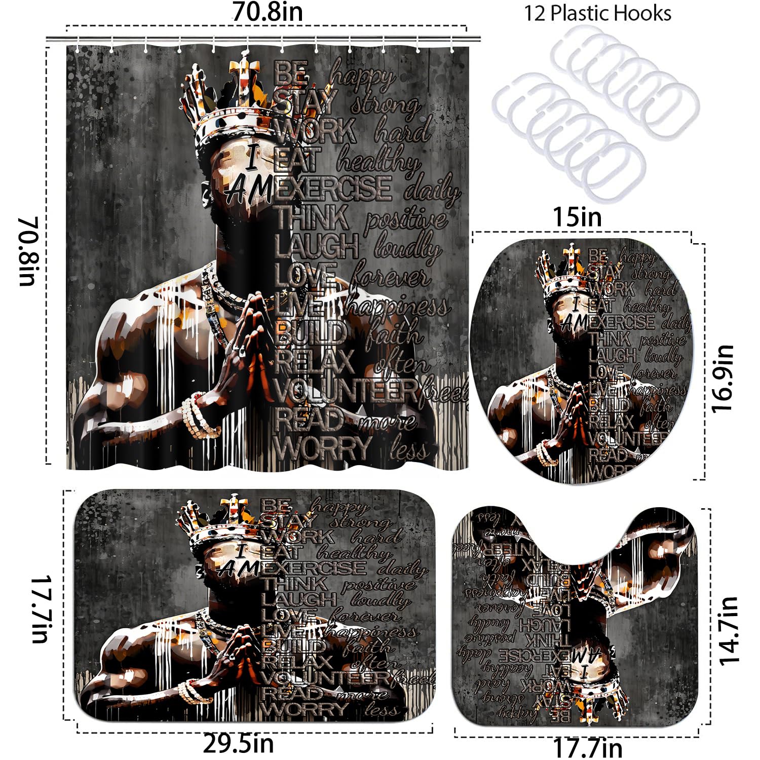 African American Shower Curtain Sets for Bathroom, Black Praying King Bathroom Sets with Waterproof Shower Curtain and Non-Slip Rugs Toilet Lid Cover Bath Mat, Cool Unique Man Bathroom Decor Sets