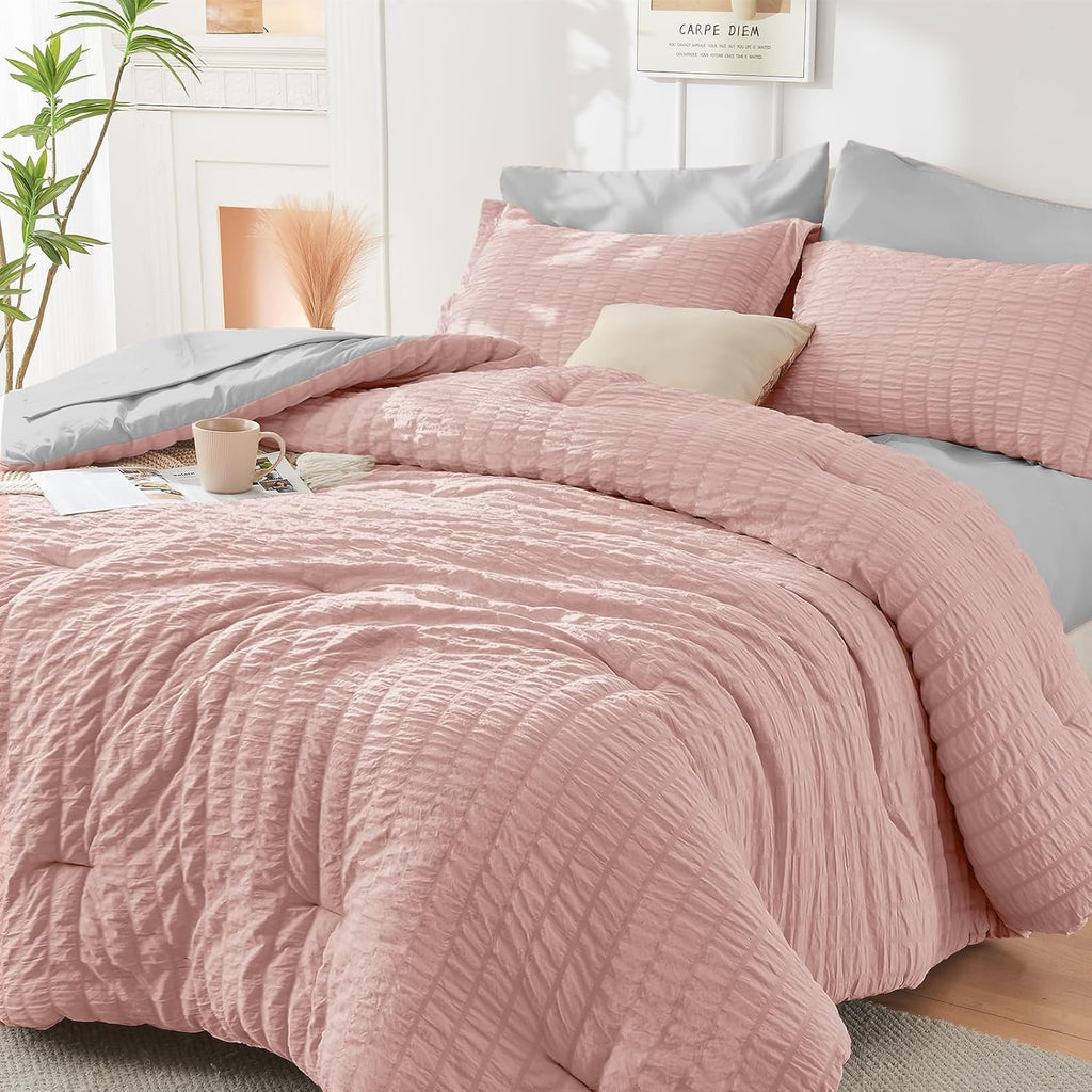 HYMOKEGE 7 Piece King Size Comforter Set Seersucker, All Season Luxury Bed in a Bag for Bedroom, Bedding Set with Comforters, Sheets, Pillowcases & Shams, Dark Grey