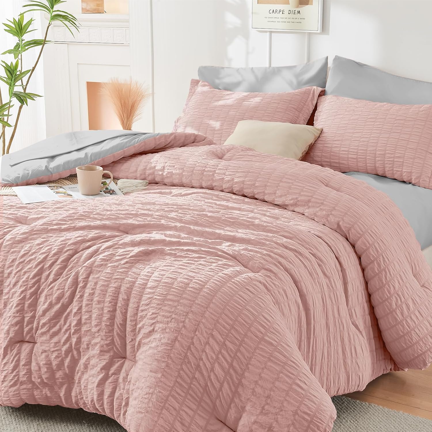 HYMOKEGE 7 Piece King Size Comforter Set Seersucker, All Season Luxury Bed in a Bag for Bedroom, Bedding Set with Comforters, Sheets, Pillowcases & Shams, Dark Grey