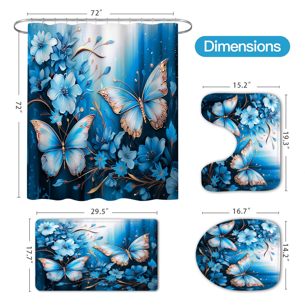 Litabel 4 Pcs Black Floral Butterfly Shower Curtain Set with Non-Slip Rugs, White Gold Modern Toilet Lid Cover and Bath Mat, Elegant Bathroom Decor Set (Hooks Not Included)
