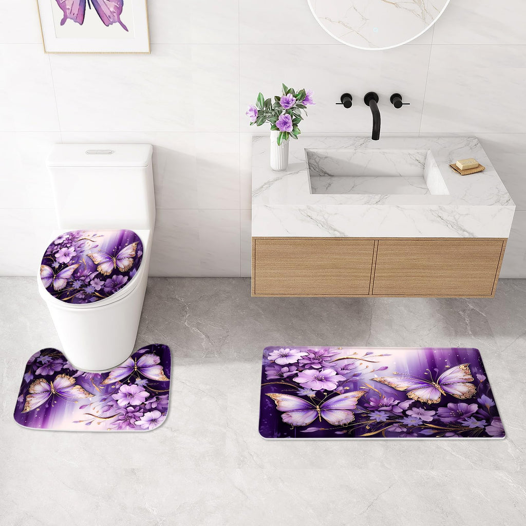 Litabel 4 Pcs Black Floral Butterfly Shower Curtain Set with Non-Slip Rugs, White Gold Modern Toilet Lid Cover and Bath Mat, Elegant Bathroom Decor Set (Hooks Not Included)