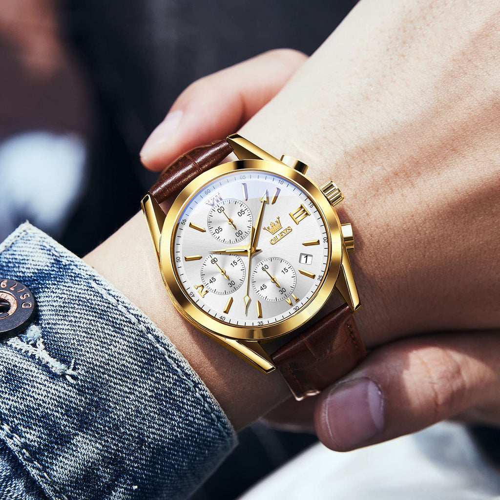 OLEVS Men's Casual Leather Watch, Big Face Chronograph Watch for Men, Fashion Easy to Read Dress Watch, Men's Waterproof Luminous Date Analog Watch, Gold/Black/White/Blue Dial