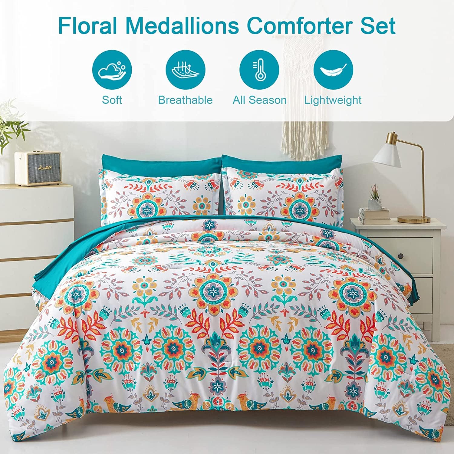 DHSFKBE 7 Piece Bed in a Bag Floral Comforter Set, Botanical Flowers Comforter and Sheet Set, Soft Microfiber Lightweight Bedding Comforter Set for All Season(Dark Floral, King)