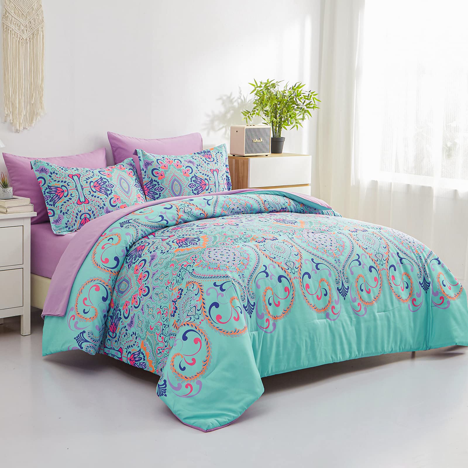 DHSFKBE 7 Piece Bed in a Bag Floral Comforter Set, Botanical Flowers Comforter and Sheet Set, Soft Microfiber Lightweight Bedding Comforter Set for All Season(Dark Floral, King)