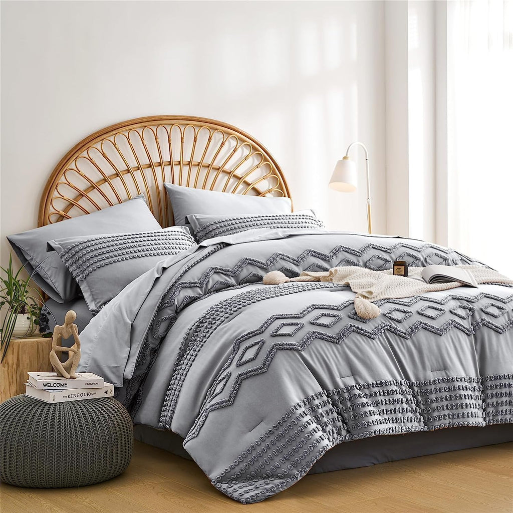 KAKIJUMN Grey Tufted Comforter Set King Size 7 Piece Bed in a Bag, Shabby Chic Boho Comforter and Sheet Set, Pom Pom Textured Bed Set, All Season Soft Microfiber Complete Bedding Set(Grey,King)