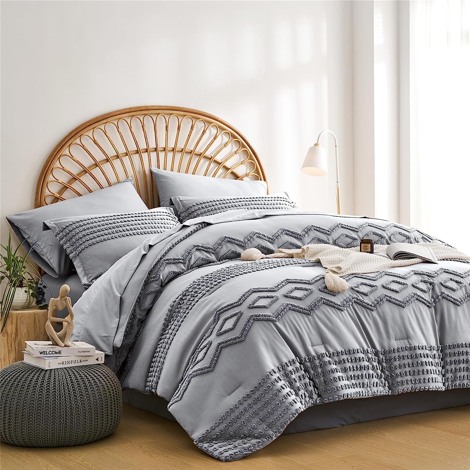 KAKIJUMN Grey Tufted Comforter Set King Size 7 Piece Bed in a Bag, Shabby Chic Boho Comforter and Sheet Set, Pom Pom Textured Bed Set, All Season Soft Microfiber Complete Bedding Set(Grey,King)