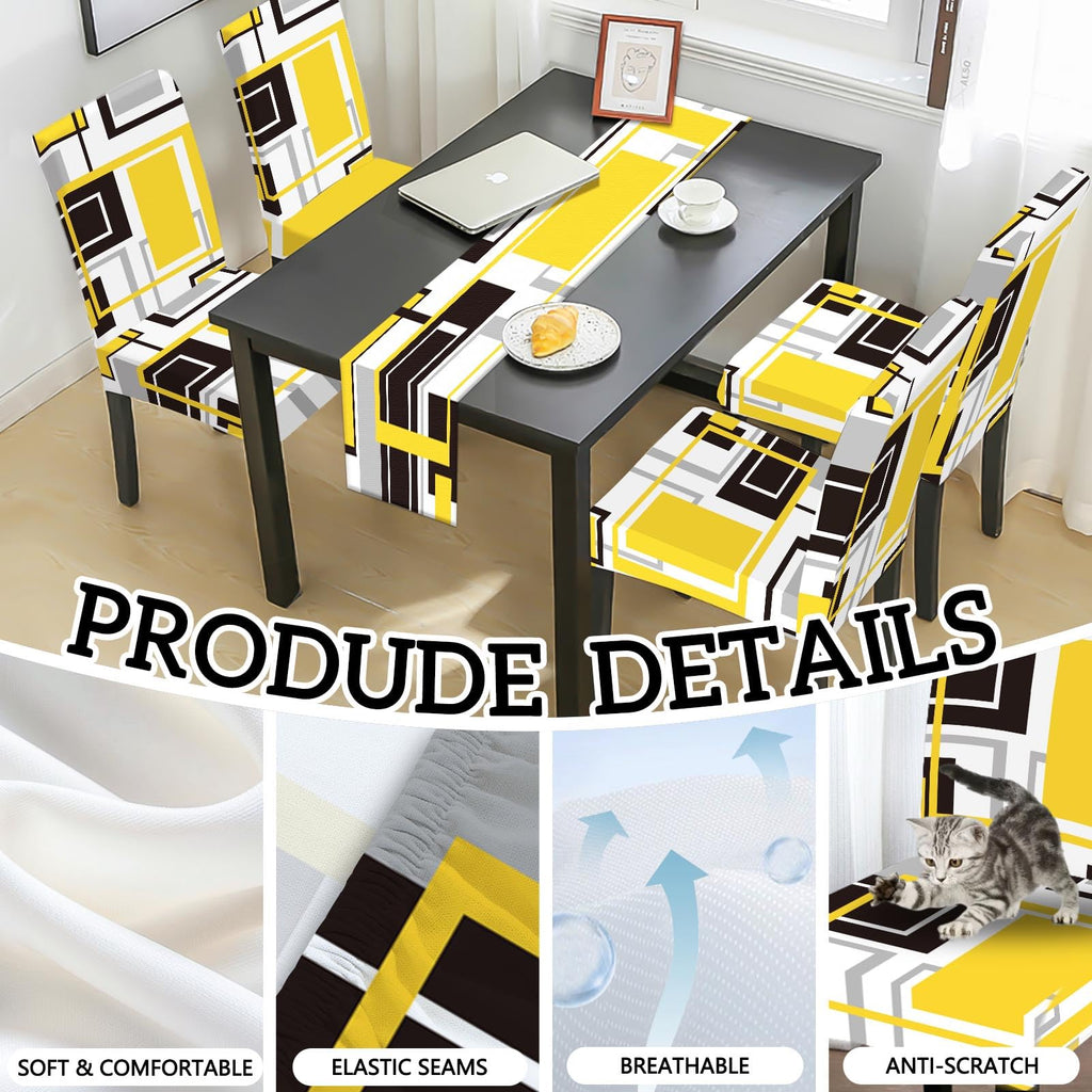 MCALK Geometric Navy Blue Chair Covers Set of 4 and Table Runner,Stretch Navy Blue Chair Slipcovers for Kitchen,Washable Removable Chair Protector Modern Chair Covers for Dining Room