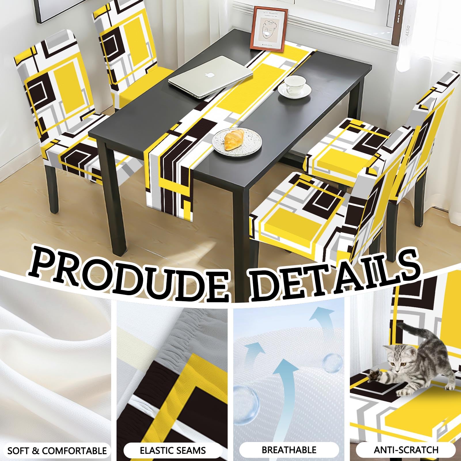 MCALK Geometric Navy Blue Chair Covers Set of 4 and Table Runner,Stretch Navy Blue Chair Slipcovers for Kitchen,Washable Removable Chair Protector Modern Chair Covers for Dining Room