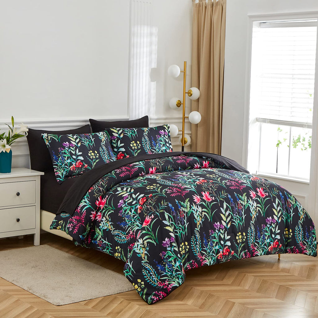DHSFKBE 7 Piece Bed in a Bag Floral Comforter Set, Botanical Flowers Comforter and Sheet Set, Soft Microfiber Lightweight Bedding Comforter Set for All Season(Dark Floral, King)