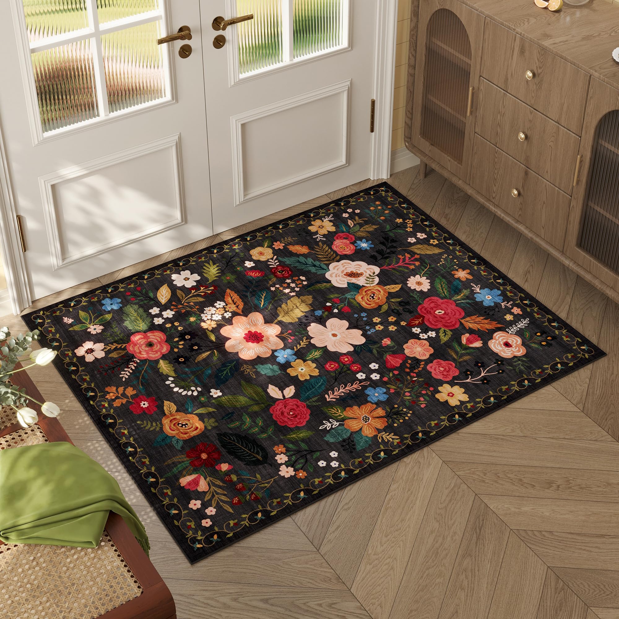 Rugcomf Area Rugs 8x10 Rug for Living Room Clearance Washable Boho Area Rug Non Slip Floral Vintage Low Pile Large Rug for Living Room, Bedroom, Farmhouse, Dining Room, Kids Playroom(Black)
