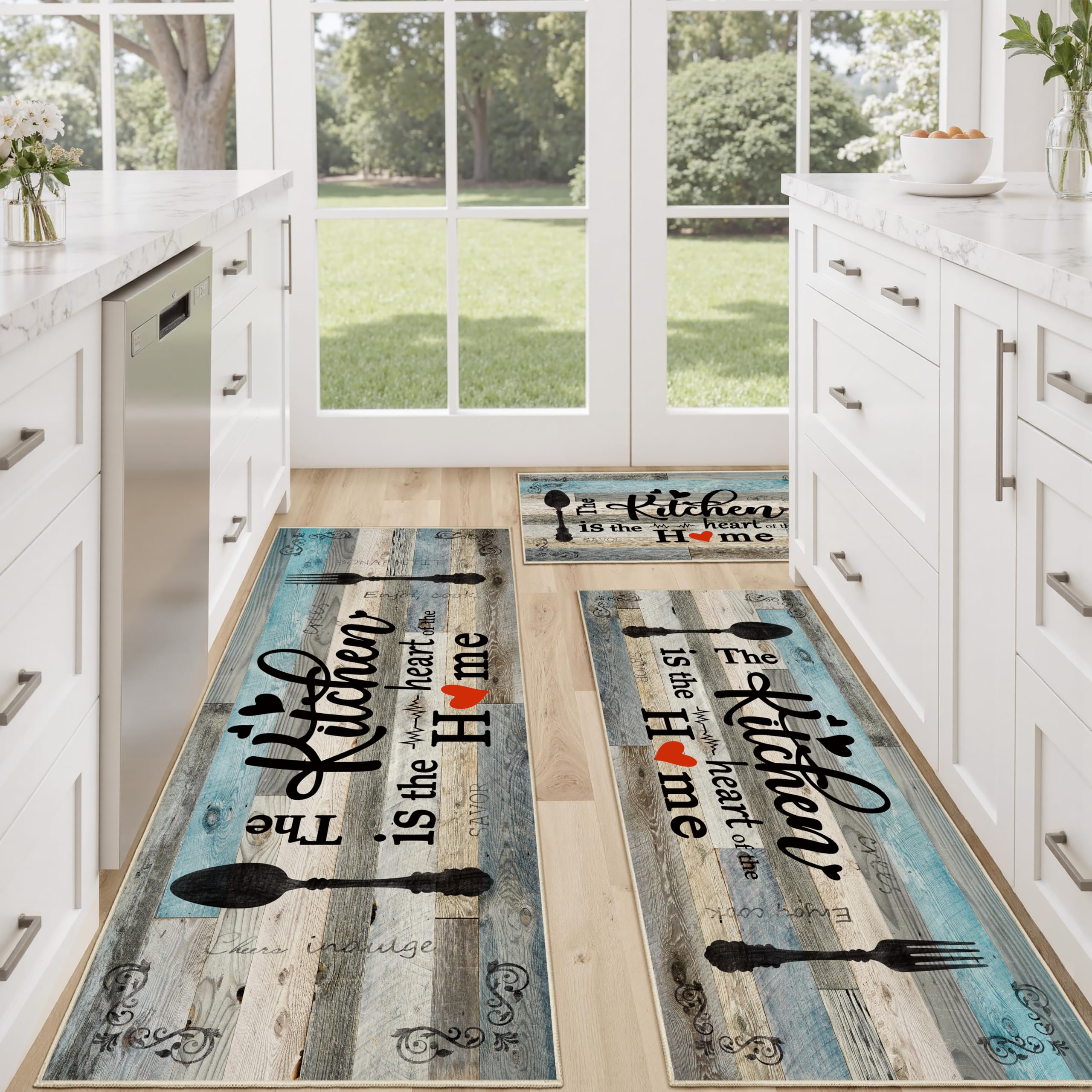 Tritard 100% Non Slip Kitchen Mats for Floor Washable Kitchen Rugs Sets of 3 Farmhouse Kitchen Runner Rug Soft Rustic Kitchen Floor Carpet for Hallway, Laundry, Sink, Office, Brown