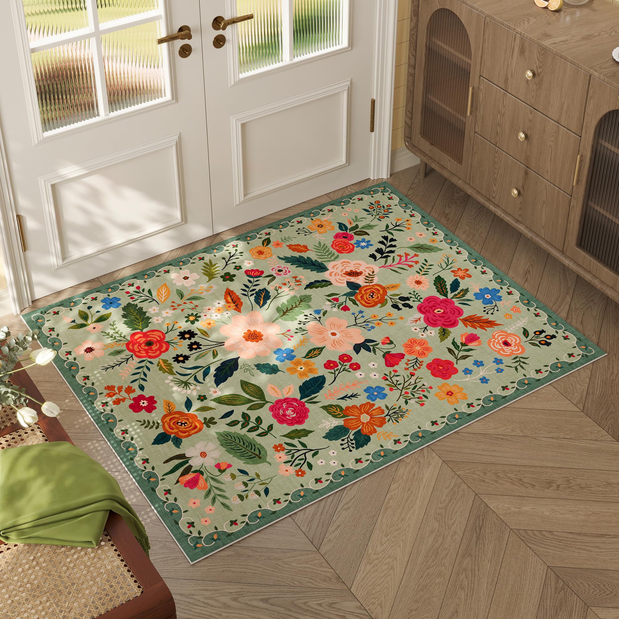 Rugcomf Area Rugs 8x10 Rug for Living Room Clearance Washable Boho Area Rug Non Slip Floral Vintage Low Pile Large Rug for Living Room, Bedroom, Farmhouse, Dining Room, Kids Playroom(Black)