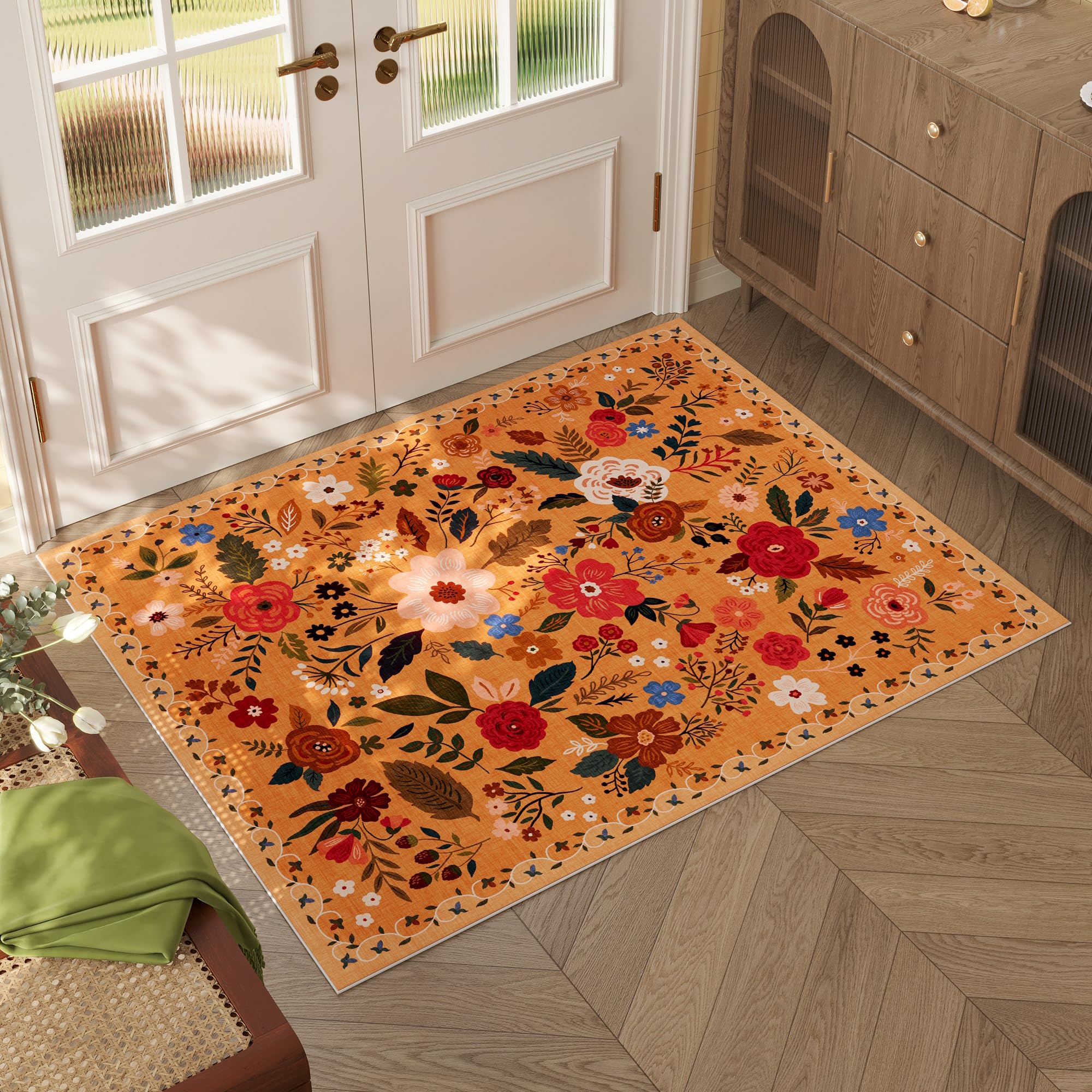 Rugcomf Area Rugs 8x10 Rug for Living Room Clearance Washable Boho Area Rug Non Slip Floral Vintage Low Pile Large Rug for Living Room, Bedroom, Farmhouse, Dining Room, Kids Playroom(Black)