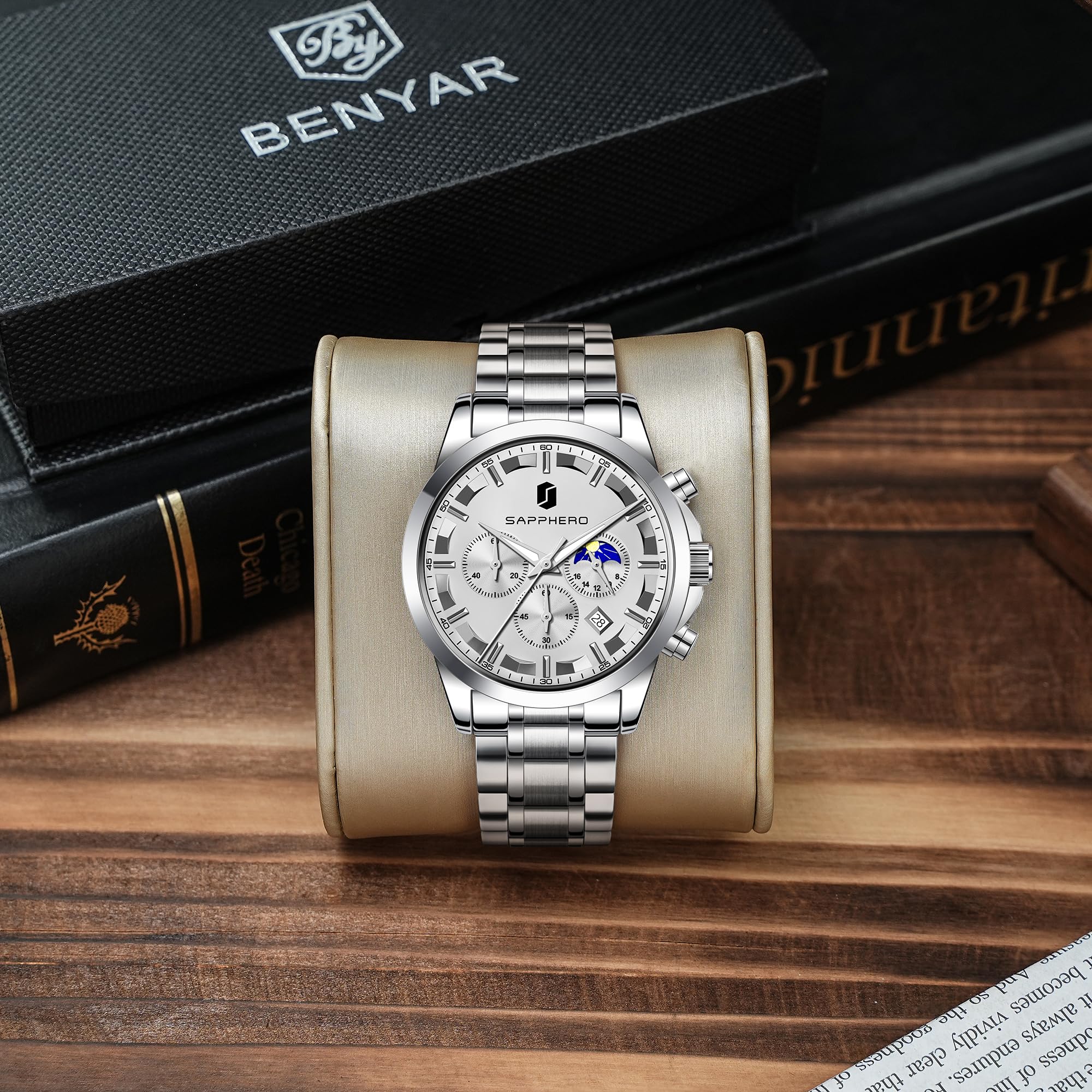 SAPPHERO Chronograph Watches for Men, Original Business Casual Stainless Steel Analog Watch 50M Waterproof Luminous Watches with Date Dial, Mens Gift