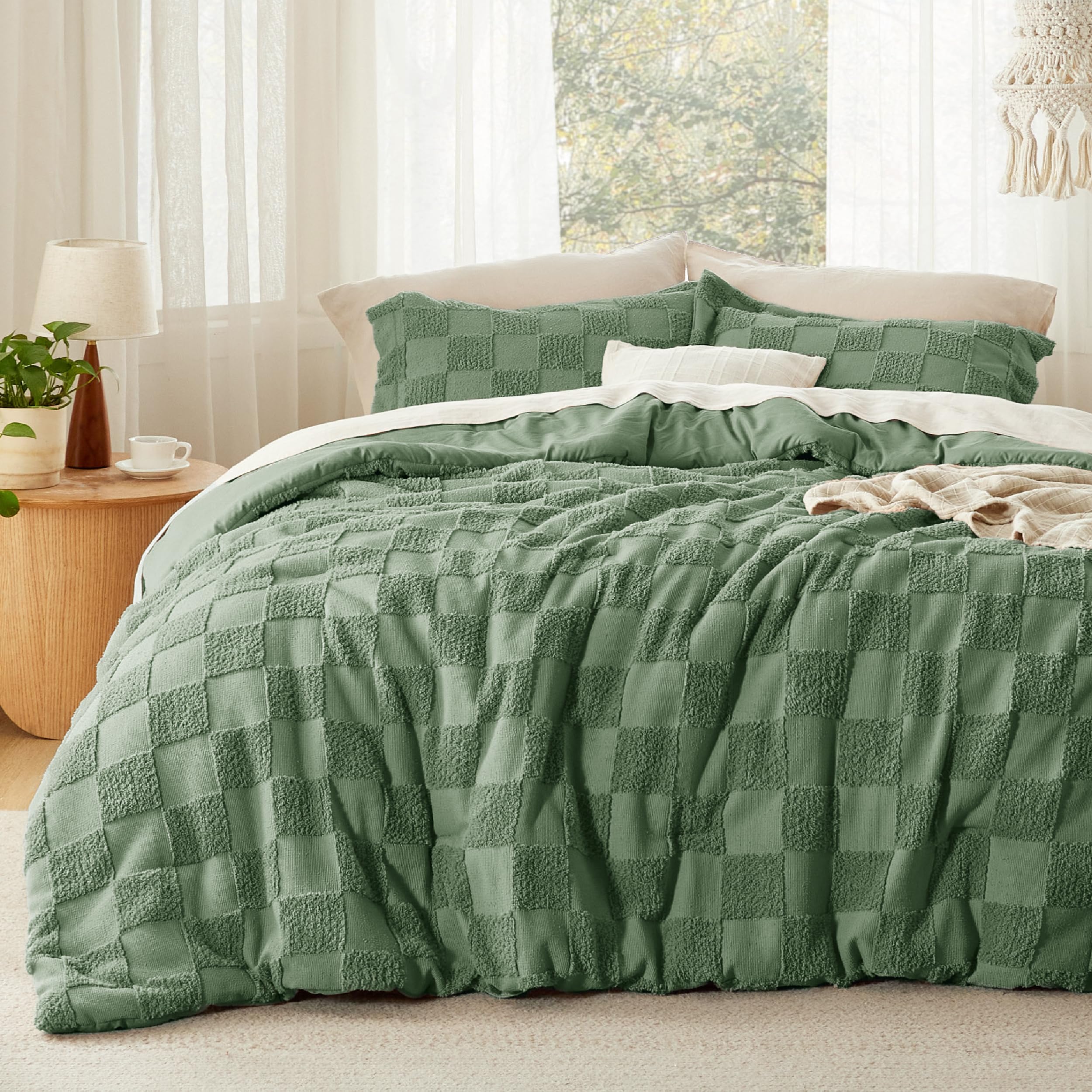 Bedsure King Size Comforter Set Beige, Boho Tufted Bed Set, Checkered Farmhouse-Style Distressed Vintage Bedding, 3 Pieces, 1 Plaid Geometric Comforter and 2 Pillow Shams