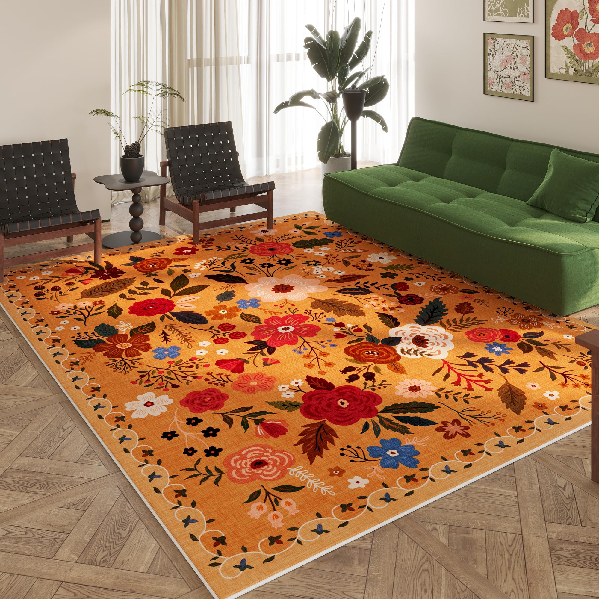 Rugcomf Area Rugs 8x10 Rug for Living Room Clearance Washable Boho Area Rug Non Slip Floral Vintage Low Pile Large Rug for Living Room, Bedroom, Farmhouse, Dining Room, Kids Playroom(Black)