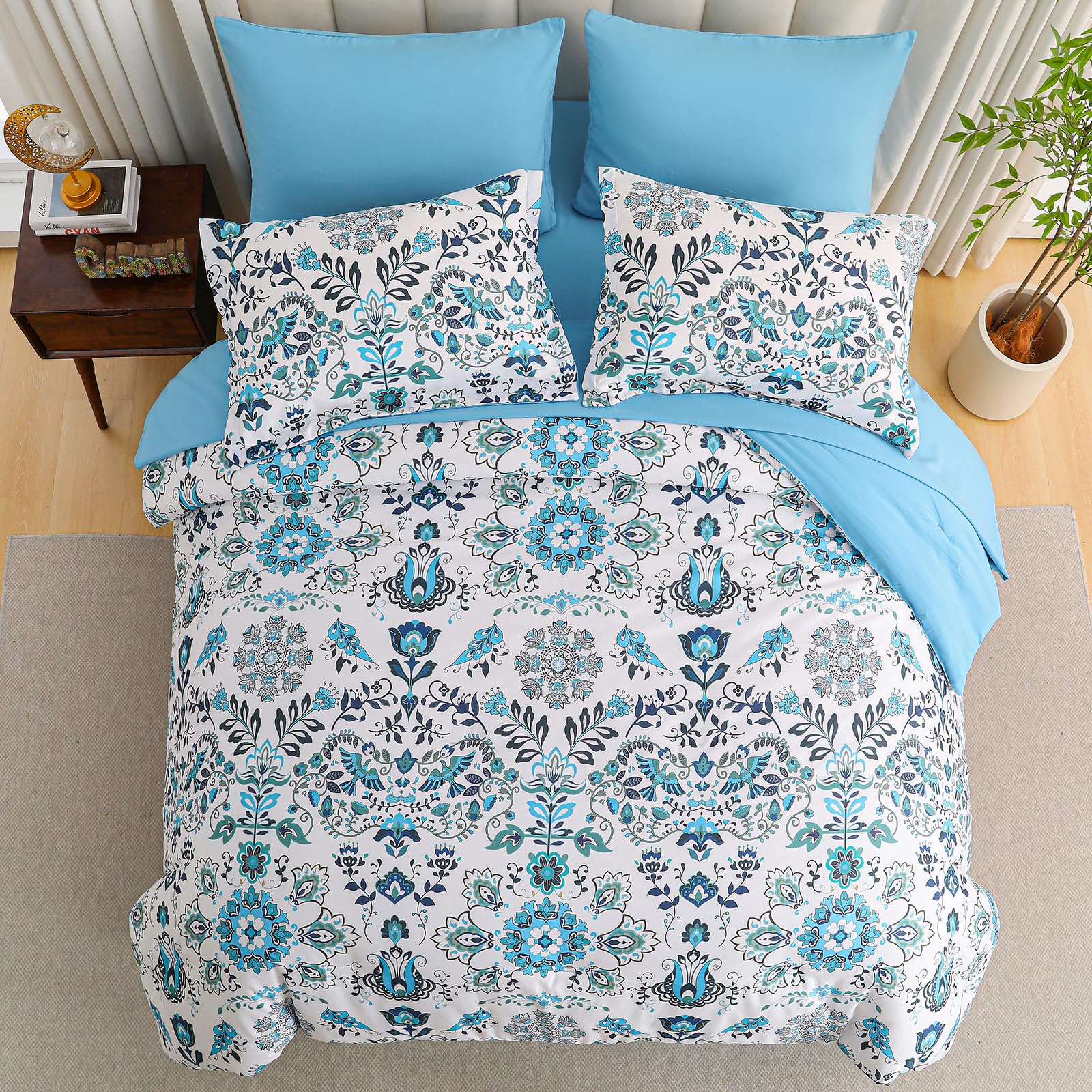 DHSFKBE 7 Piece Bed in a Bag Floral Comforter Set, Botanical Flowers Comforter and Sheet Set, Soft Microfiber Lightweight Bedding Comforter Set for All Season(Dark Floral, King)