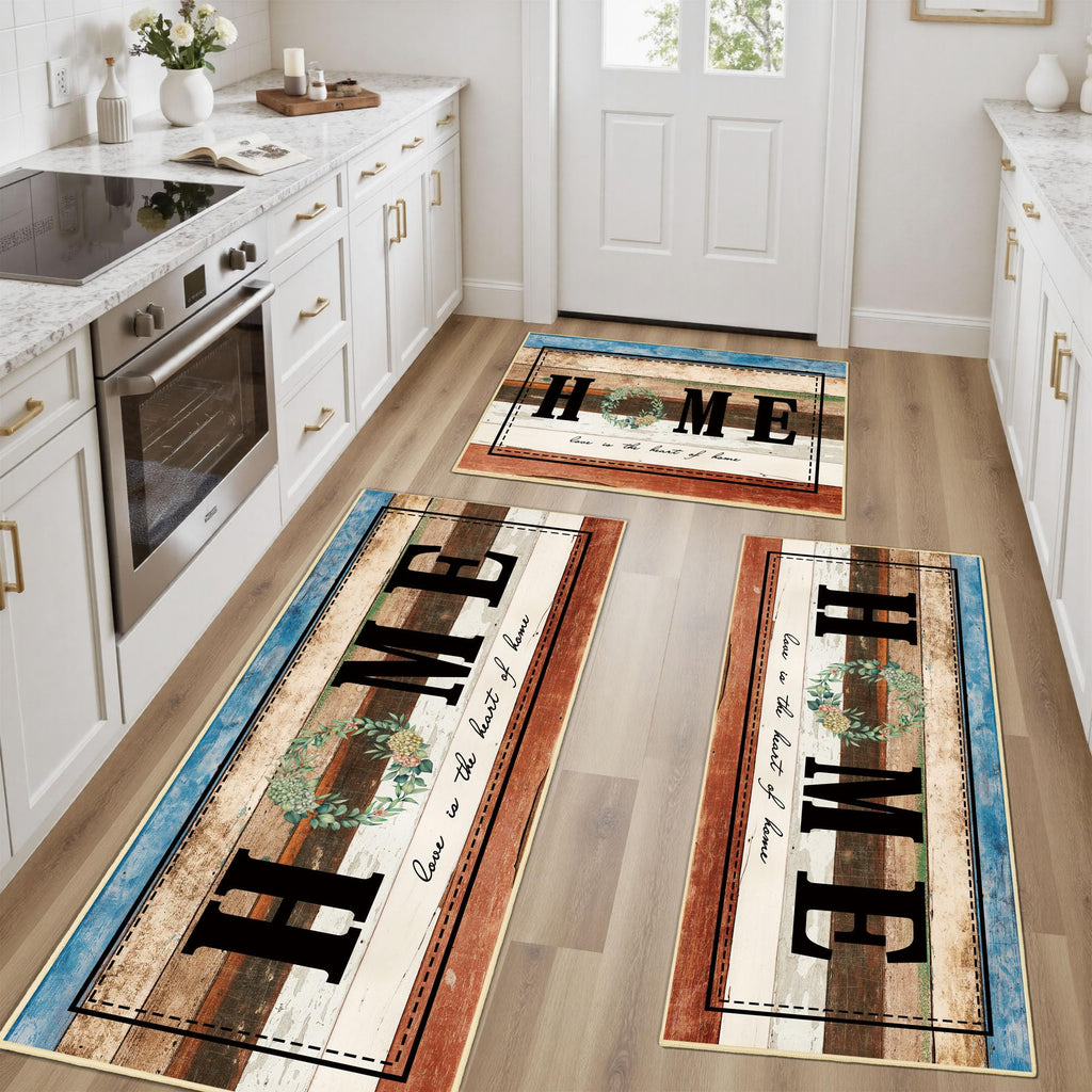 Tritard 100% Non Slip Kitchen Mats for Floor Washable Kitchen Rugs Sets of 3 Farmhouse Kitchen Runner Rug Soft Rustic Kitchen Floor Carpet for Hallway, Laundry, Sink, Office, Brown