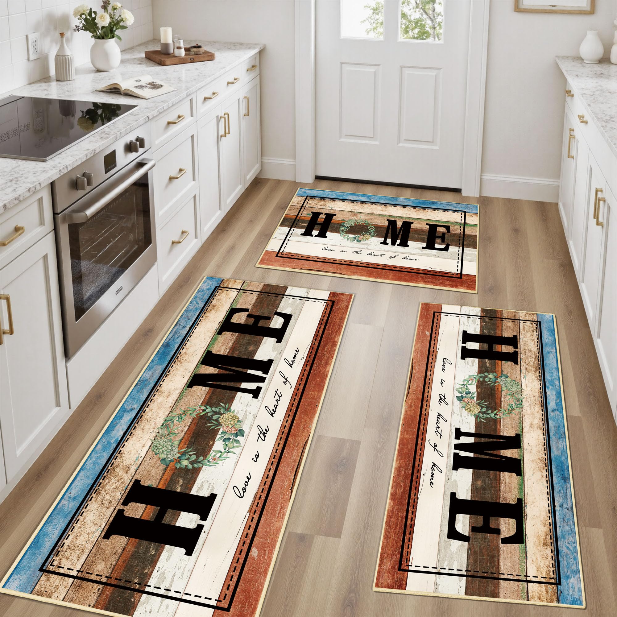 Tritard 100% Non Slip Kitchen Mats for Floor Washable Kitchen Rugs Sets of 3 Farmhouse Kitchen Runner Rug Soft Rustic Kitchen Floor Carpet for Hallway, Laundry, Sink, Office, Brown