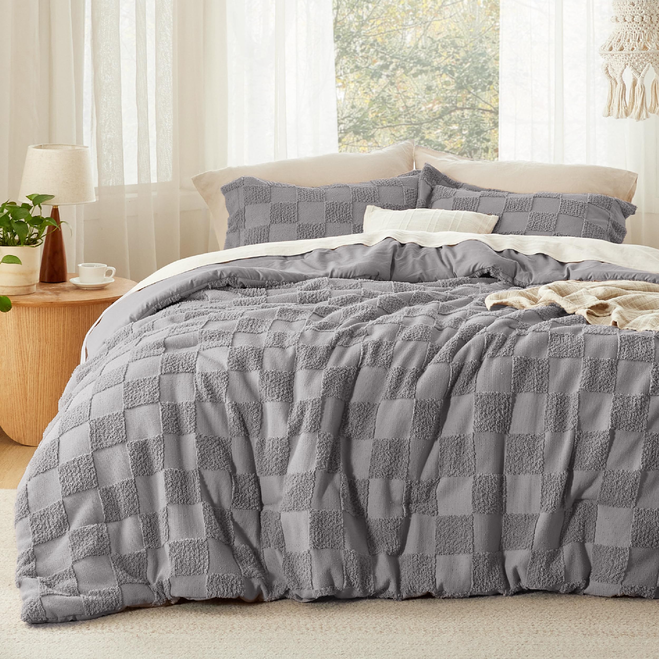 Bedsure King Size Comforter Set Beige, Boho Tufted Bed Set, Checkered Farmhouse-Style Distressed Vintage Bedding, 3 Pieces, 1 Plaid Geometric Comforter and 2 Pillow Shams