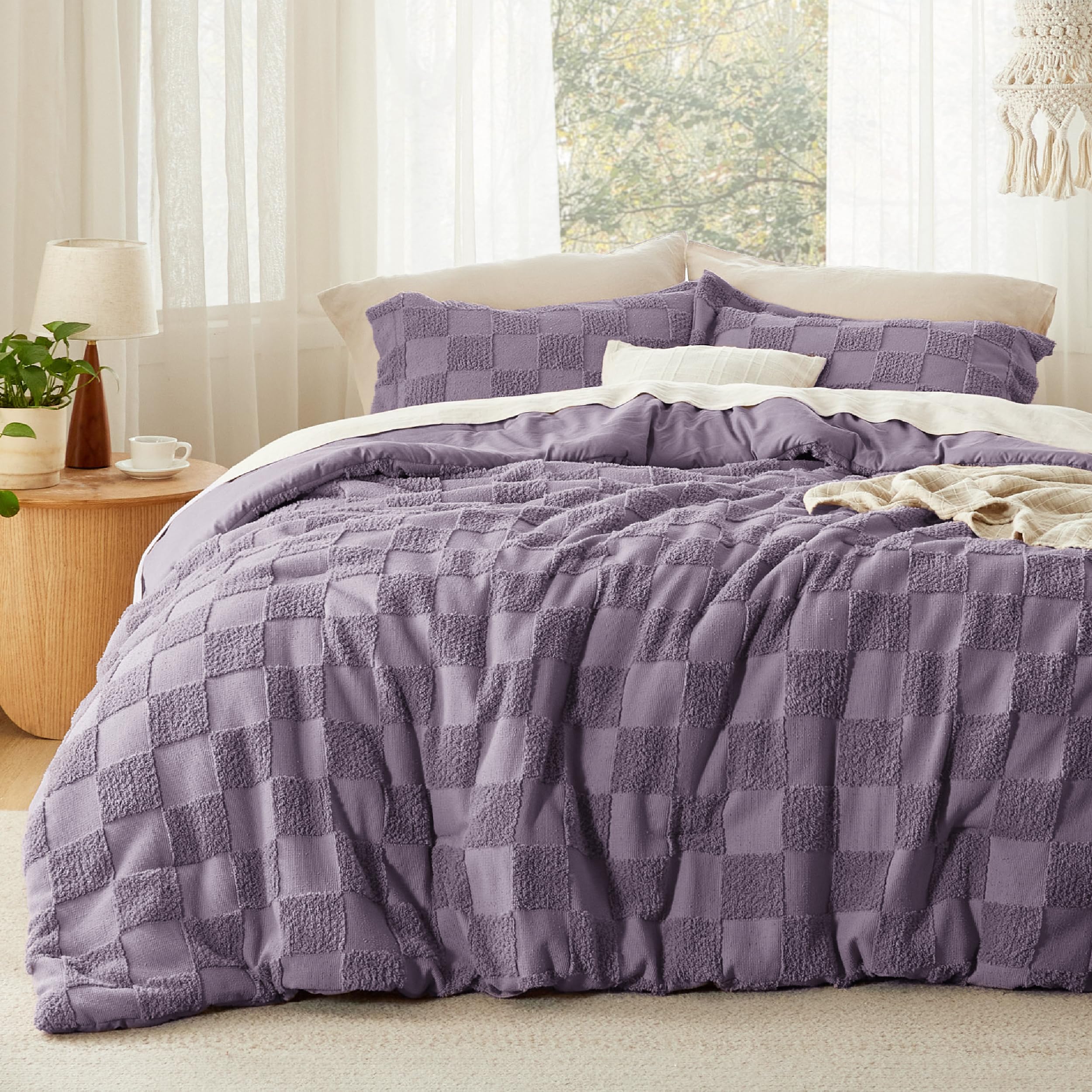 Bedsure King Size Comforter Set Beige, Boho Tufted Bed Set, Checkered Farmhouse-Style Distressed Vintage Bedding, 3 Pieces, 1 Plaid Geometric Comforter and 2 Pillow Shams