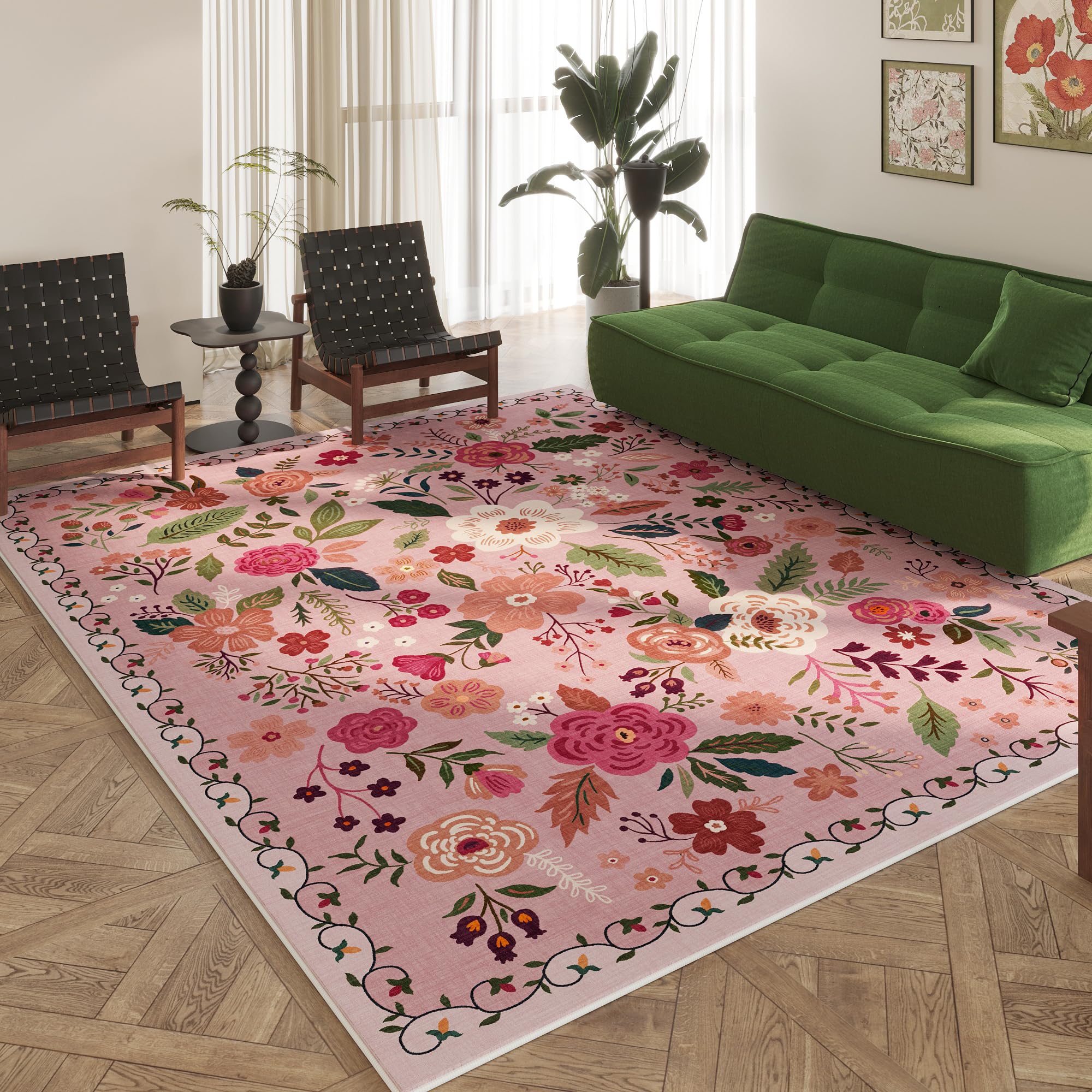 Rugcomf Area Rugs 8x10 Rug for Living Room Clearance Washable Boho Area Rug Non Slip Floral Vintage Low Pile Large Rug for Living Room, Bedroom, Farmhouse, Dining Room, Kids Playroom(Black)