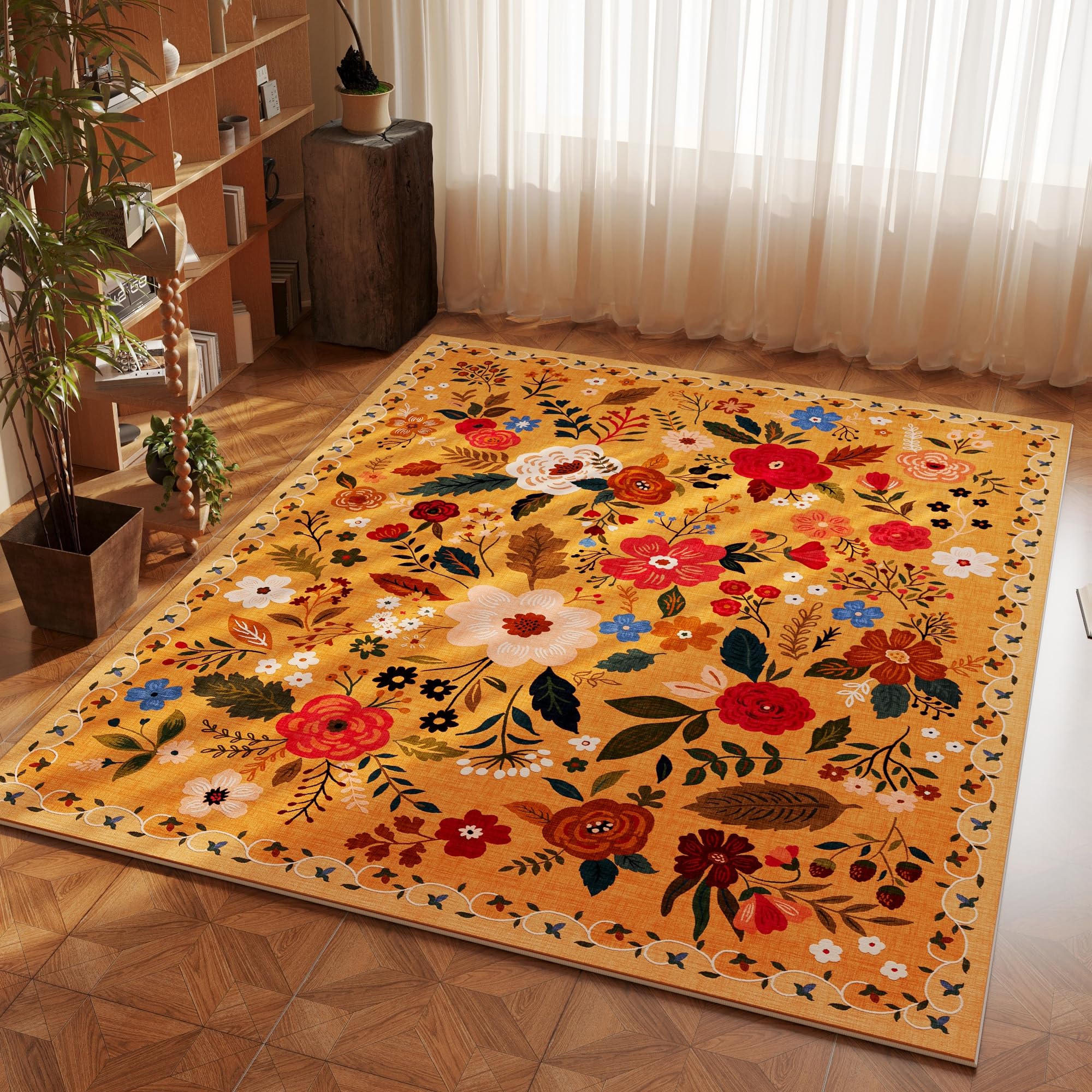 Rugcomf Area Rugs 8x10 Rug for Living Room Clearance Washable Boho Area Rug Non Slip Floral Vintage Low Pile Large Rug for Living Room, Bedroom, Farmhouse, Dining Room, Kids Playroom(Black)
