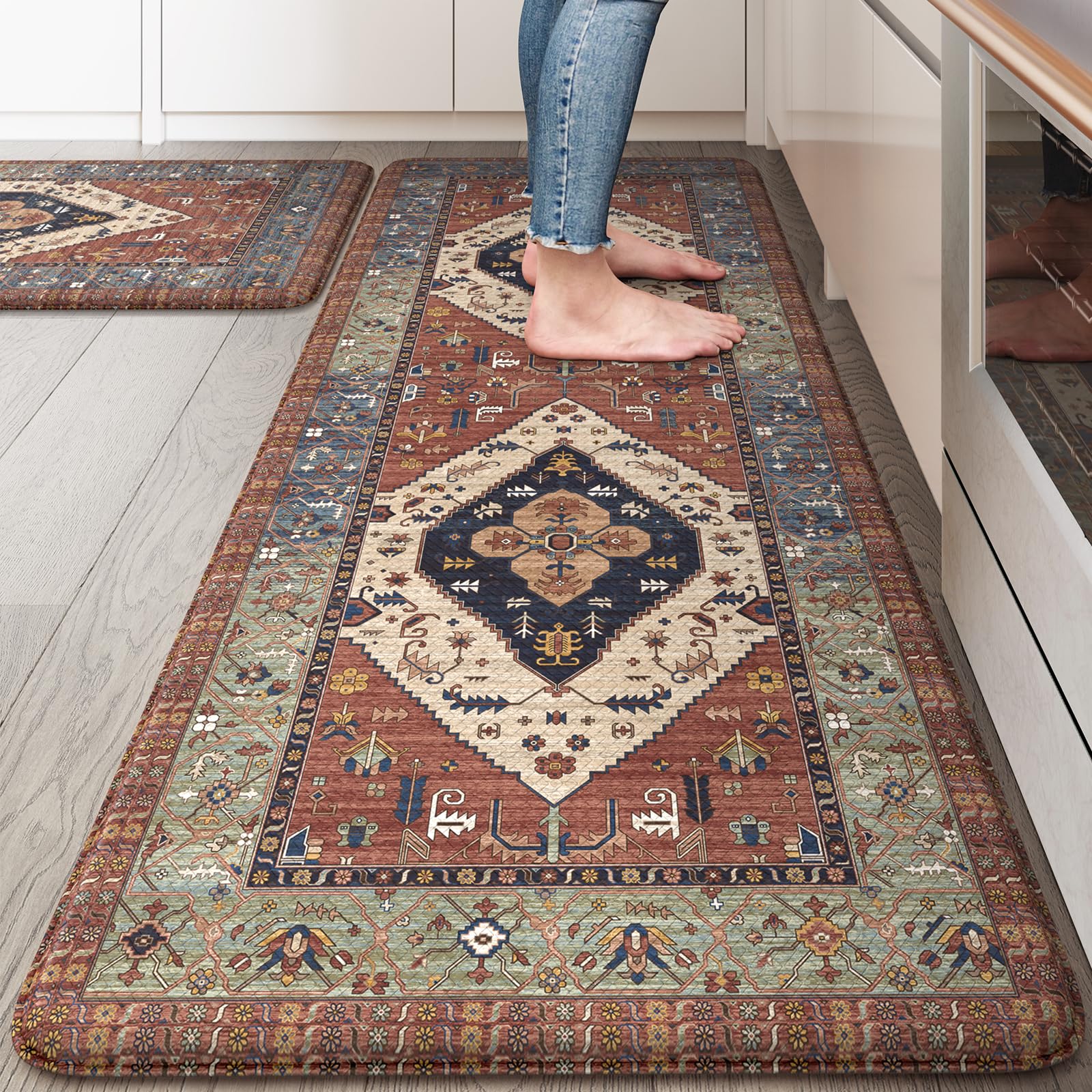 KIMODE Kitchen Mats 2PCS,Cushioned Anti Fatigue Kitchen Rugs and Mats,Non Skid Waterproof Kitchen Mats for Floor,Comfort Foam Standing Mat for Home Decor, Office,Sink,Laundry Room,Desk,Black and White