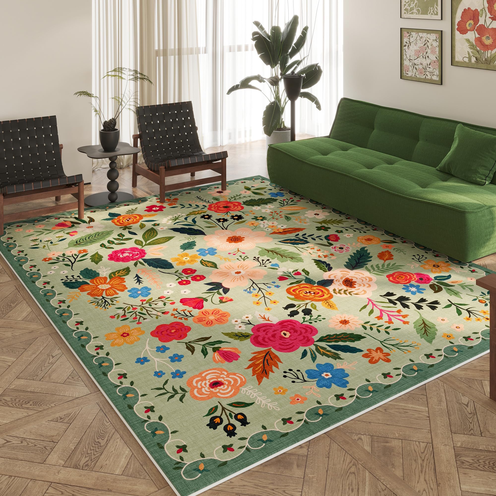 Rugcomf Area Rugs 8x10 Rug for Living Room Clearance Washable Boho Area Rug Non Slip Floral Vintage Low Pile Large Rug for Living Room, Bedroom, Farmhouse, Dining Room, Kids Playroom(Black)