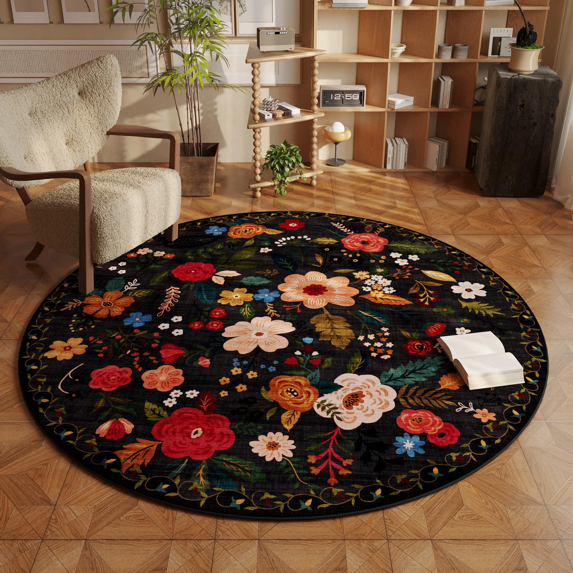 Rugcomf Area Rugs 8x10 Rug for Living Room Clearance Washable Boho Area Rug Non Slip Floral Vintage Low Pile Large Rug for Living Room, Bedroom, Farmhouse, Dining Room, Kids Playroom(Black)