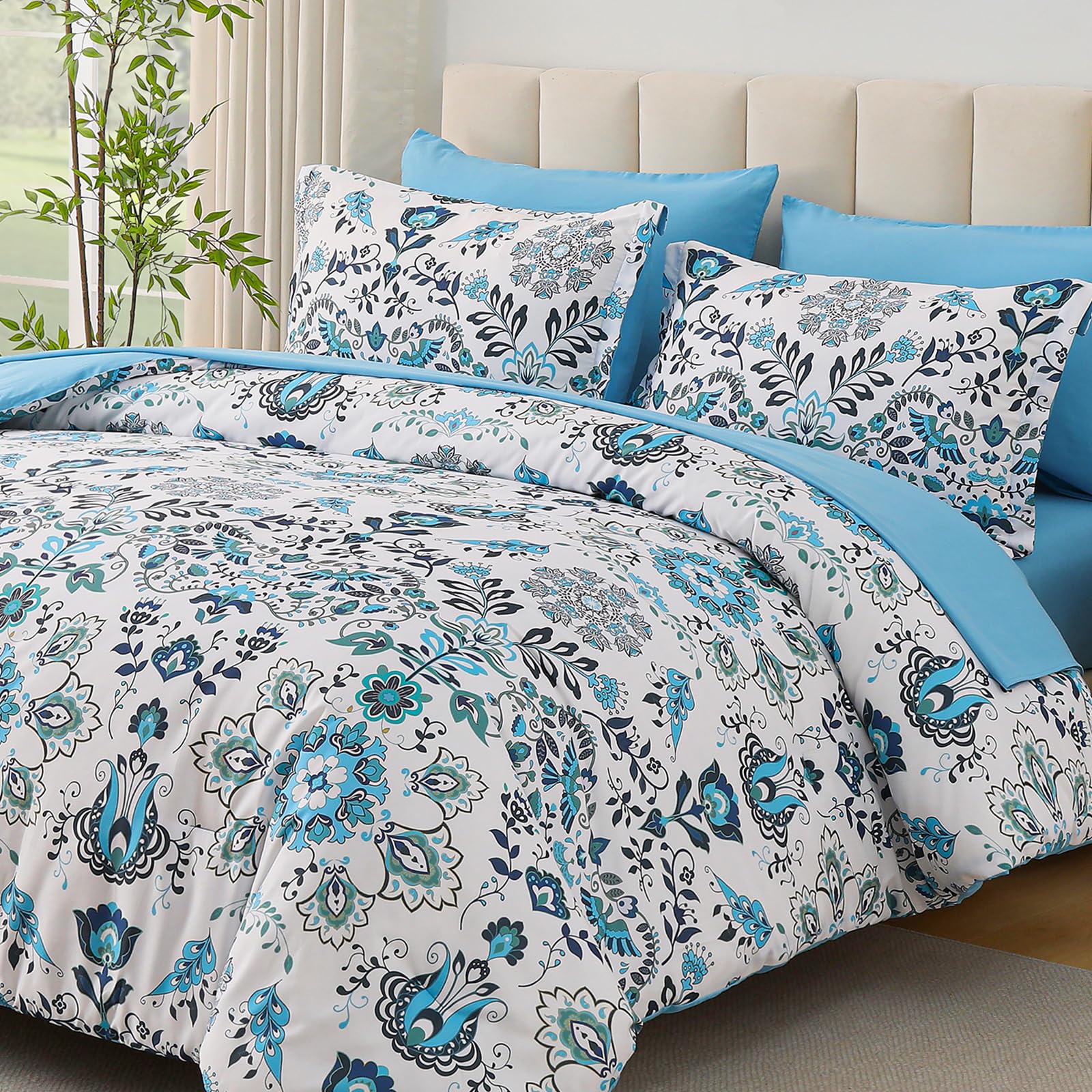 DHSFKBE 7 Piece Bed in a Bag Floral Comforter Set, Botanical Flowers Comforter and Sheet Set, Soft Microfiber Lightweight Bedding Comforter Set for All Season(Dark Floral, King)