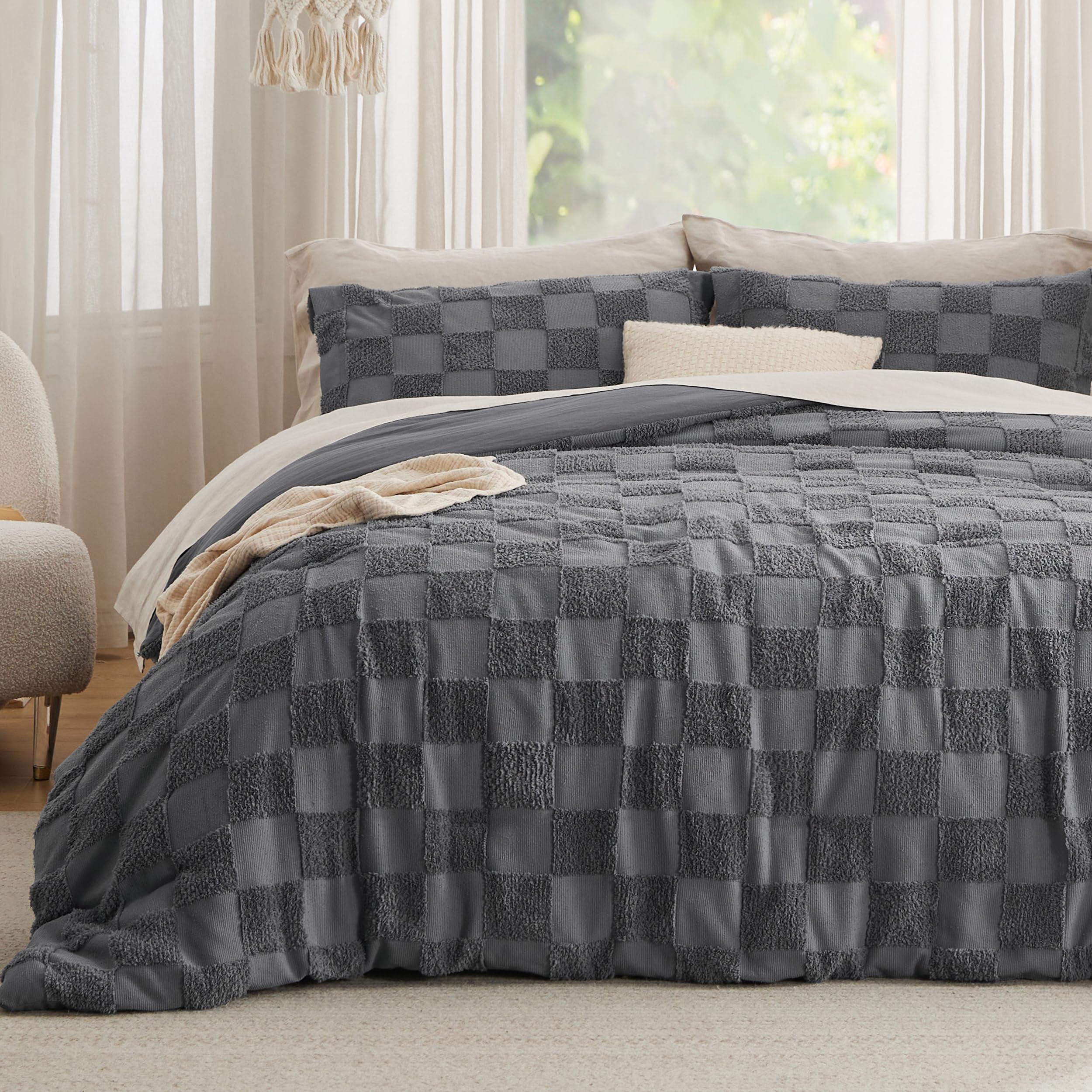 Bedsure King Size Comforter Set Beige, Boho Tufted Bed Set, Checkered Farmhouse-Style Distressed Vintage Bedding, 3 Pieces, 1 Plaid Geometric Comforter and 2 Pillow Shams