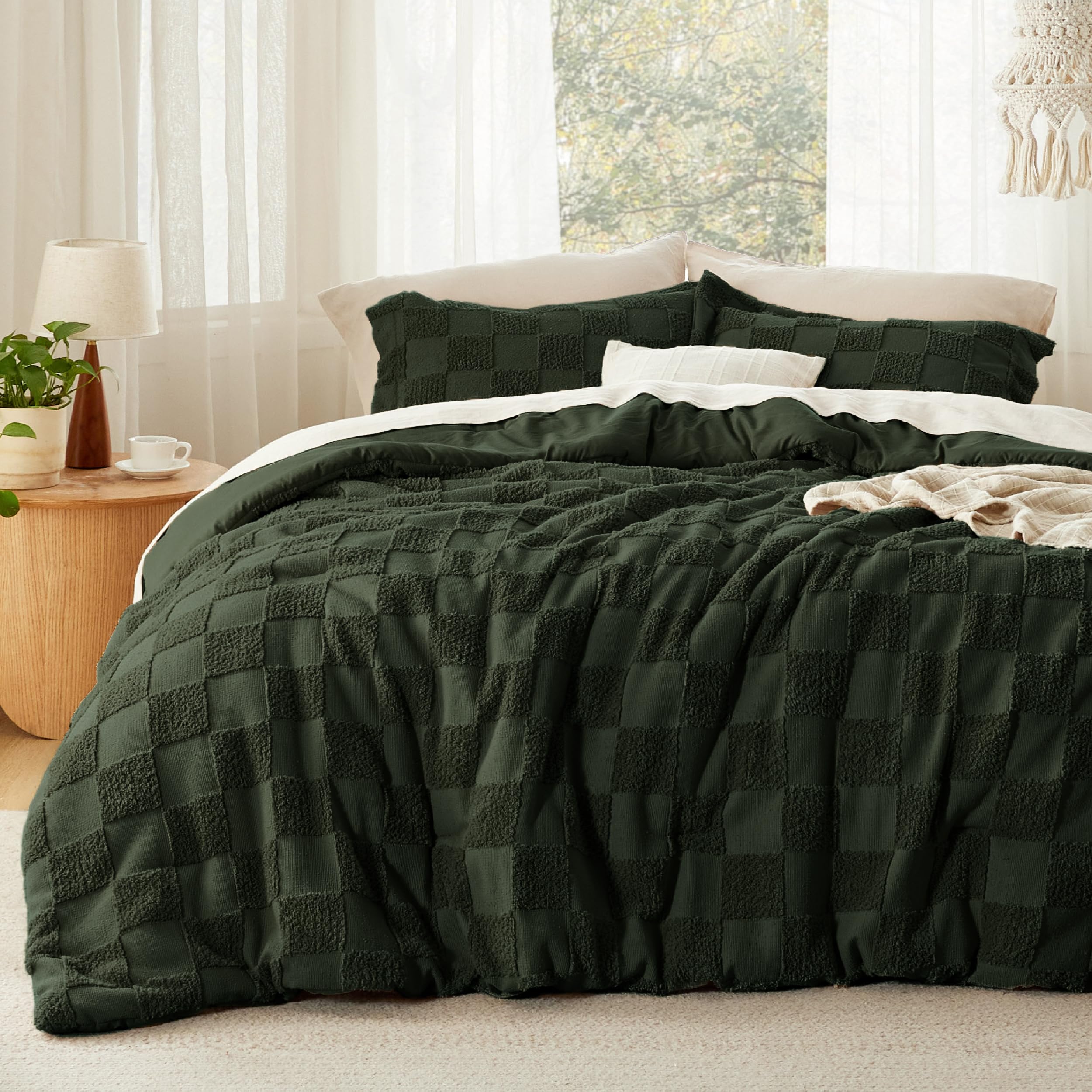 Bedsure King Size Comforter Set Beige, Boho Tufted Bed Set, Checkered Farmhouse-Style Distressed Vintage Bedding, 3 Pieces, 1 Plaid Geometric Comforter and 2 Pillow Shams