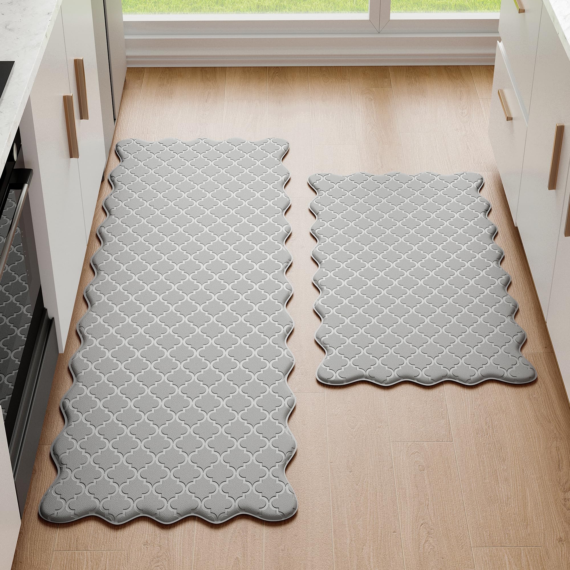 Arenarug Upgrade Scalloped Embossed Kitchen Mats for Floor 2PCS Cushioned Anti Fatigue Waterproof Foam Kitchen Rugs Non Slip Washable Comfort Standing Mat for Office Sink Laundry, Black