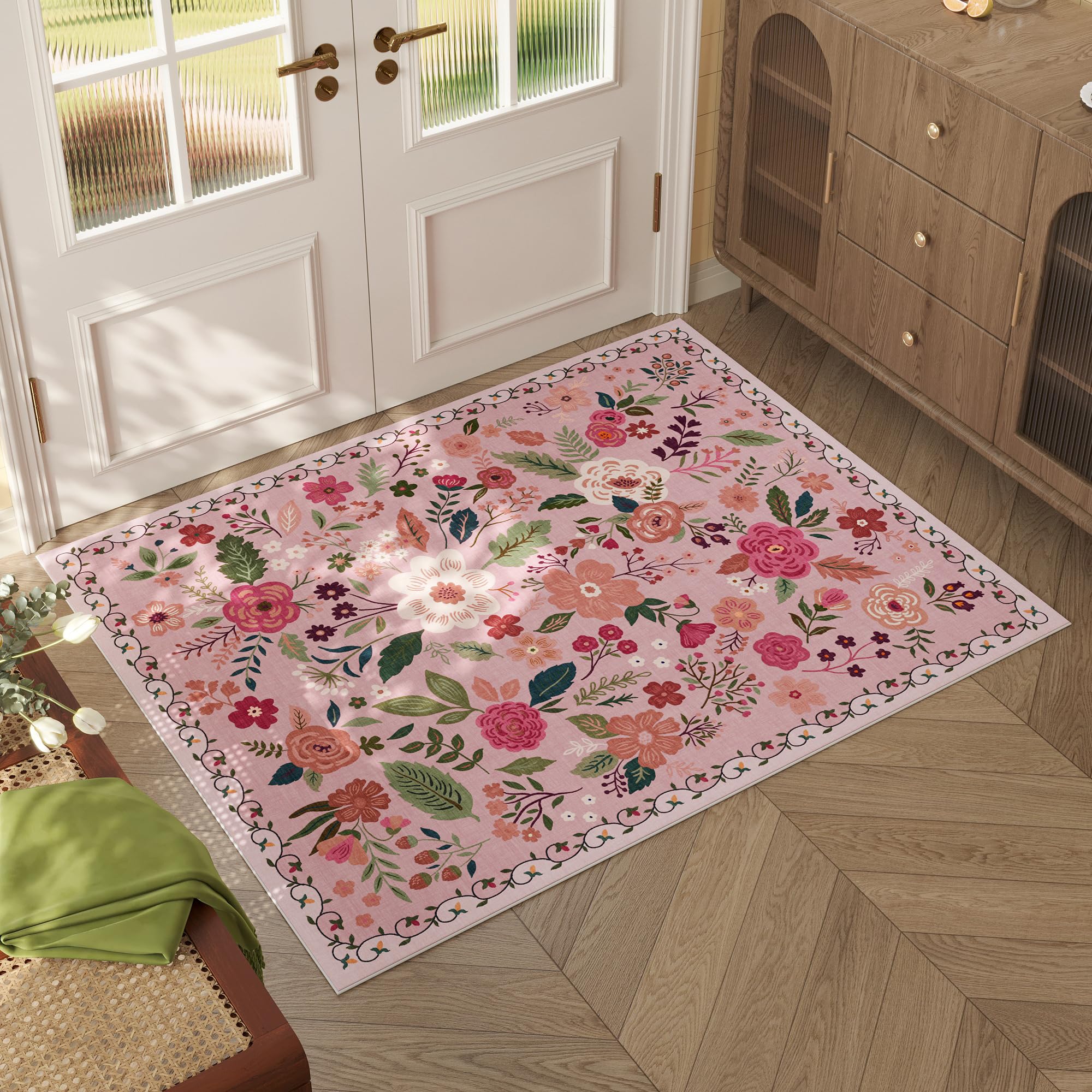 Rugcomf Area Rugs 8x10 Rug for Living Room Clearance Washable Boho Area Rug Non Slip Floral Vintage Low Pile Large Rug for Living Room, Bedroom, Farmhouse, Dining Room, Kids Playroom(Black)