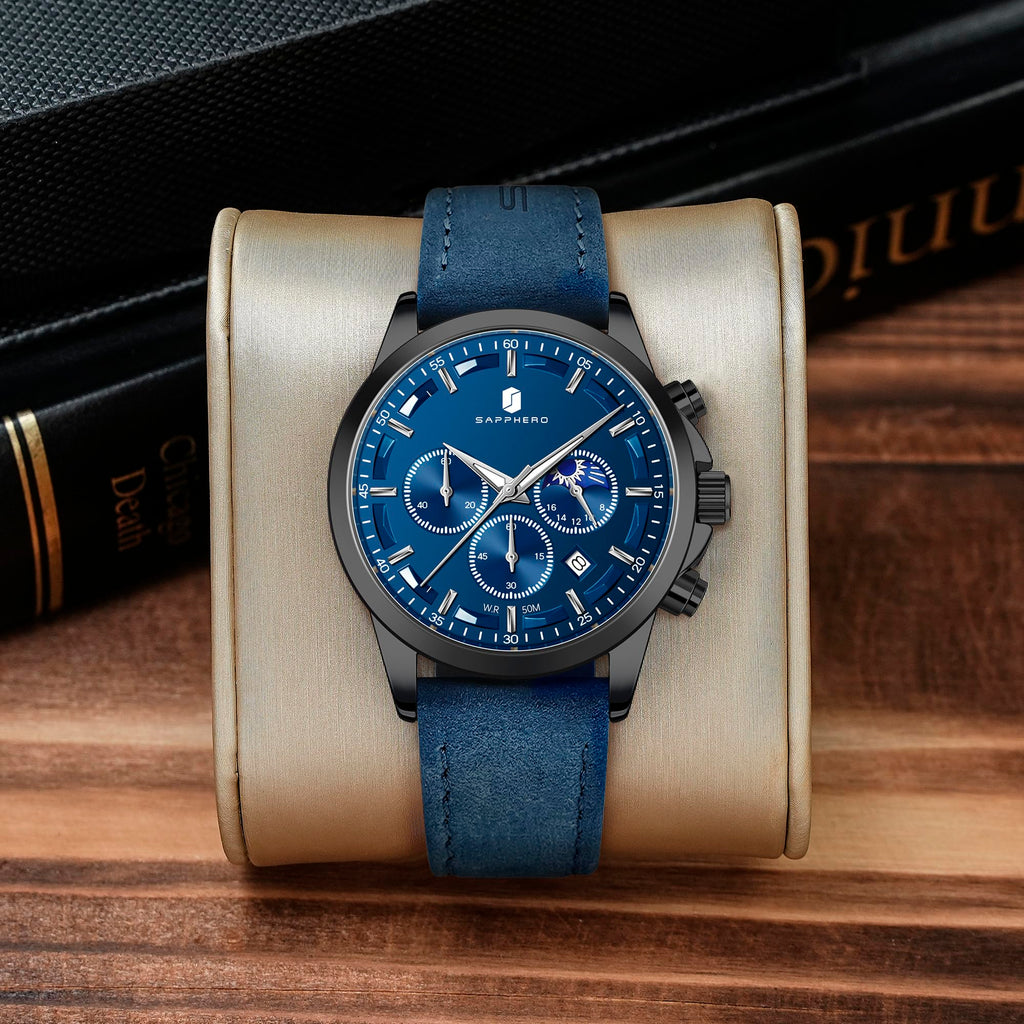 SAPPHERO Chronograph Watches for Men, Original Business Casual Stainless Steel Analog Watch 50M Waterproof Luminous Watches with Date Dial, Mens Gift