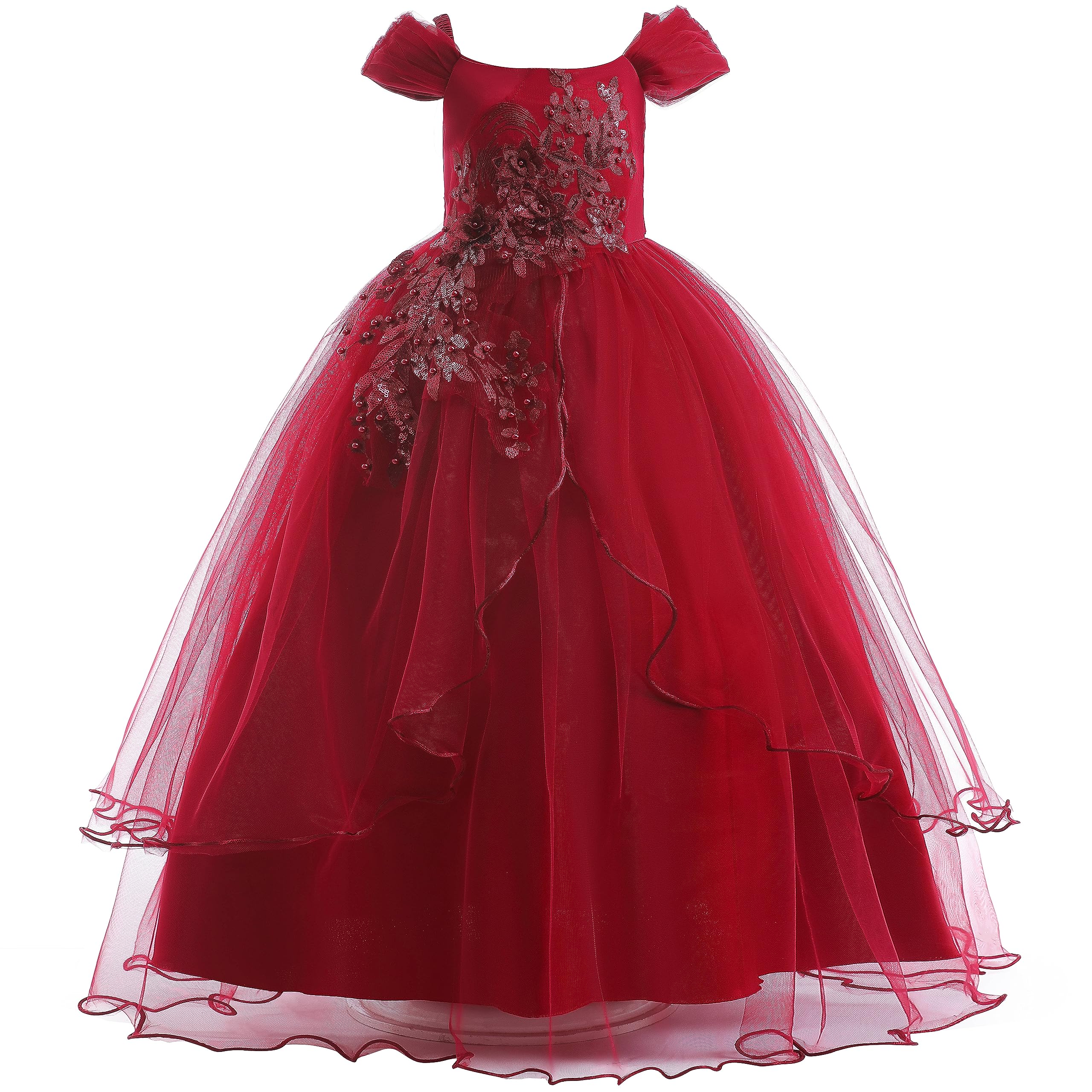 Weileenice Vintage Off the Shoulder Flower Girl Dress Lace Embroidery Little/Big Girls Wedding Bridesmaid Holiday Ballgown
