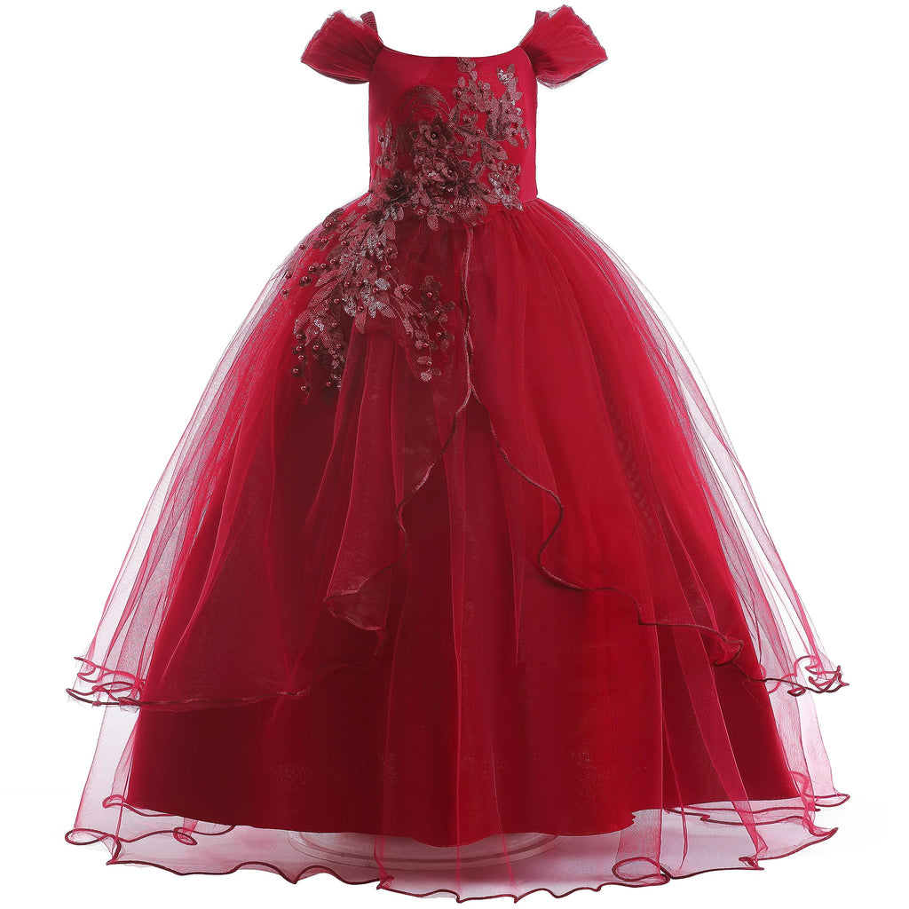 Weileenice Vintage Off the Shoulder Flower Girl Dress Lace Embroidery Little/Big Girls Wedding Bridesmaid Holiday Ballgown