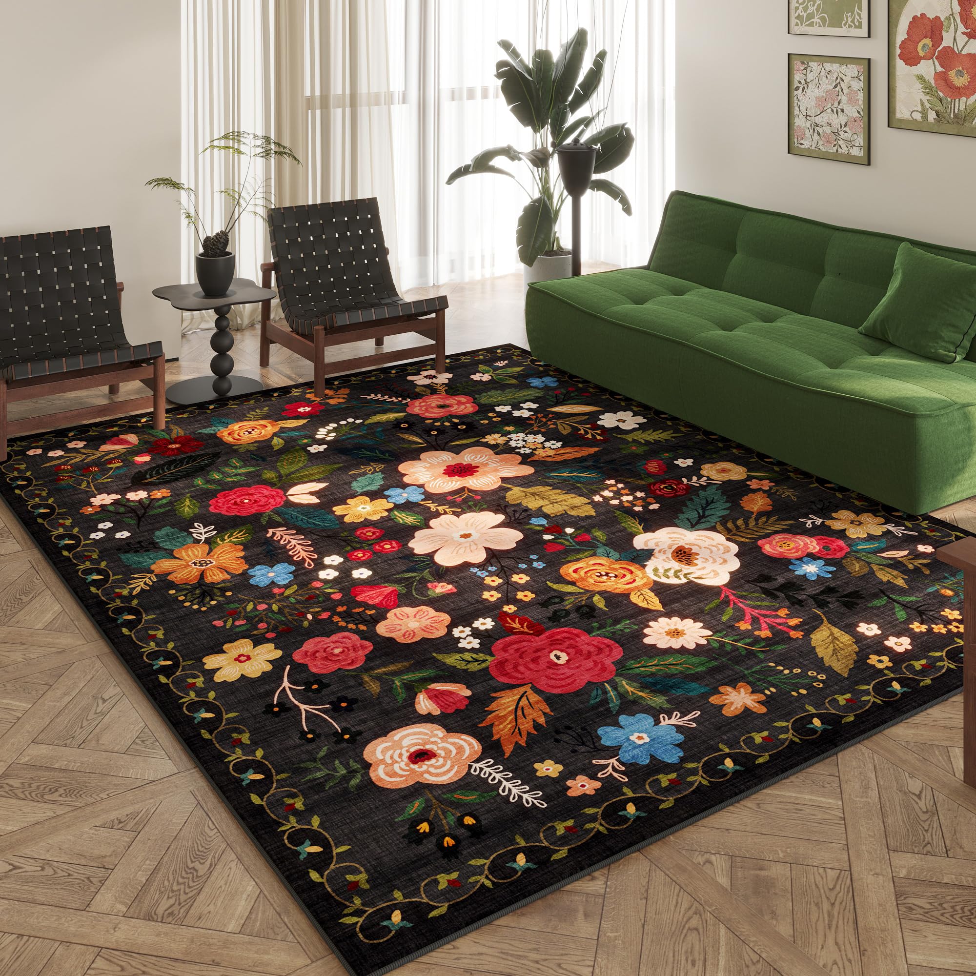 Rugcomf Area Rugs 8x10 Rug for Living Room Clearance Washable Boho Area Rug Non Slip Floral Vintage Low Pile Large Rug for Living Room, Bedroom, Farmhouse, Dining Room, Kids Playroom(Black)