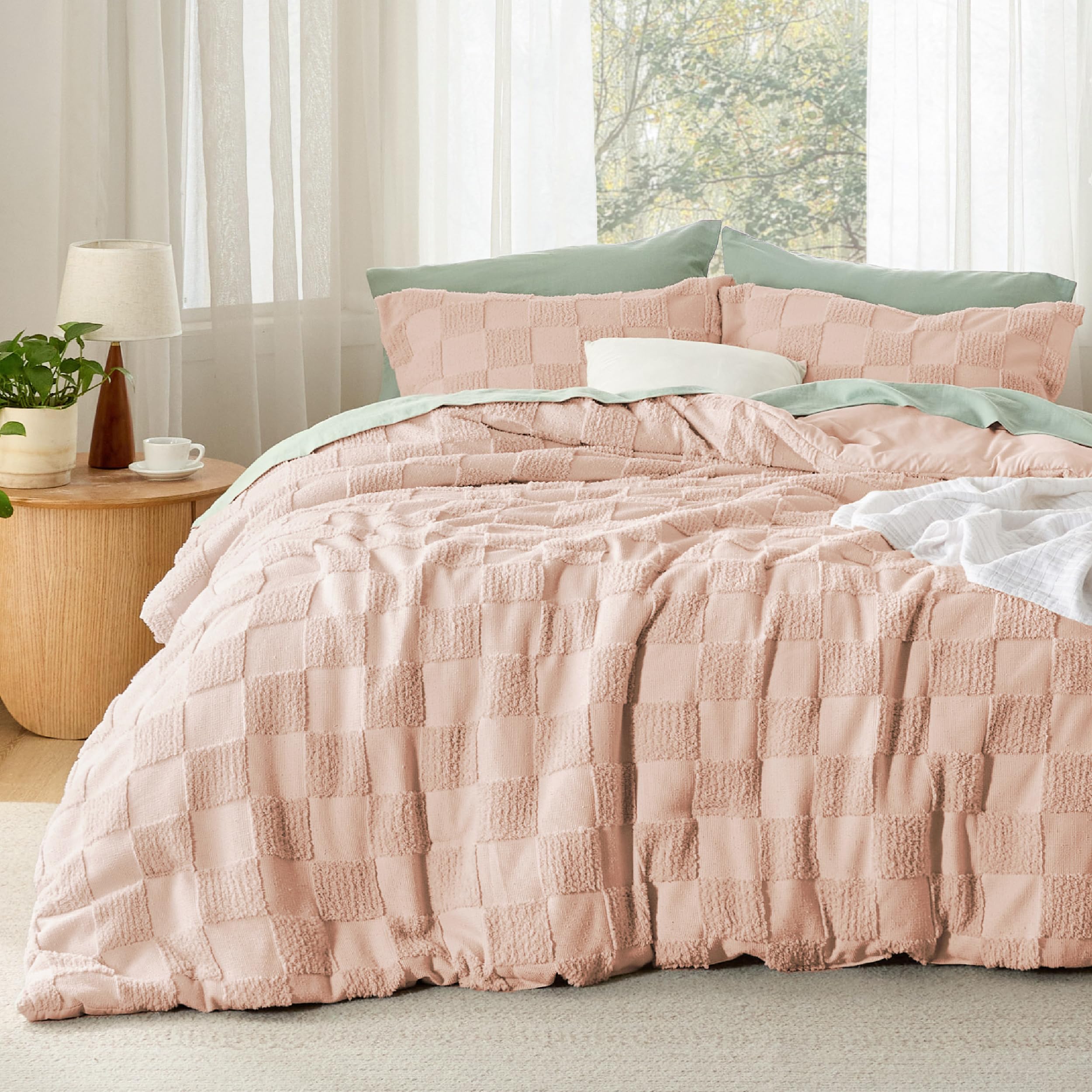 Bedsure King Size Comforter Set Beige, Boho Tufted Bed Set, Checkered Farmhouse-Style Distressed Vintage Bedding, 3 Pieces, 1 Plaid Geometric Comforter and 2 Pillow Shams