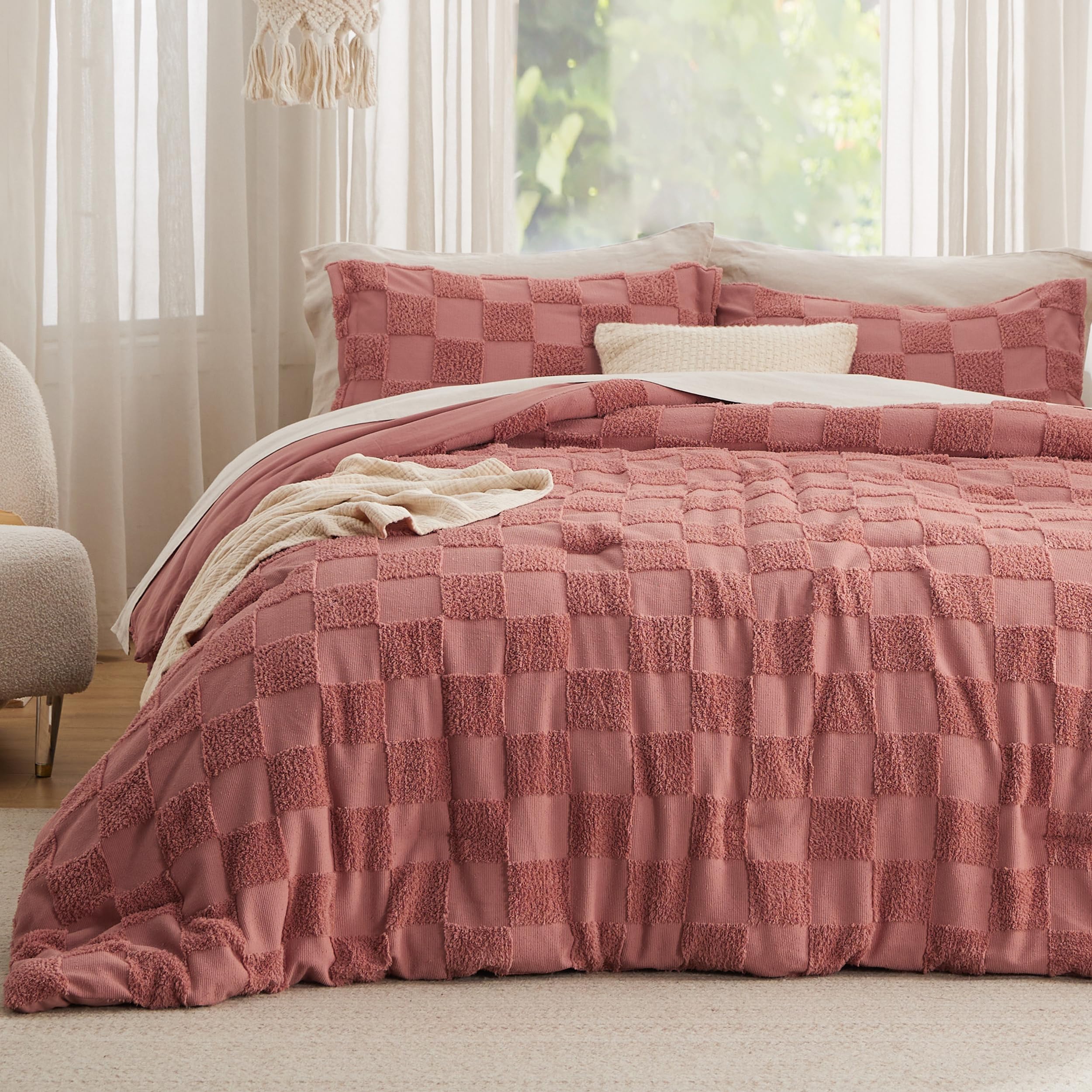 Bedsure King Size Comforter Set Beige, Boho Tufted Bed Set, Checkered Farmhouse-Style Distressed Vintage Bedding, 3 Pieces, 1 Plaid Geometric Comforter and 2 Pillow Shams