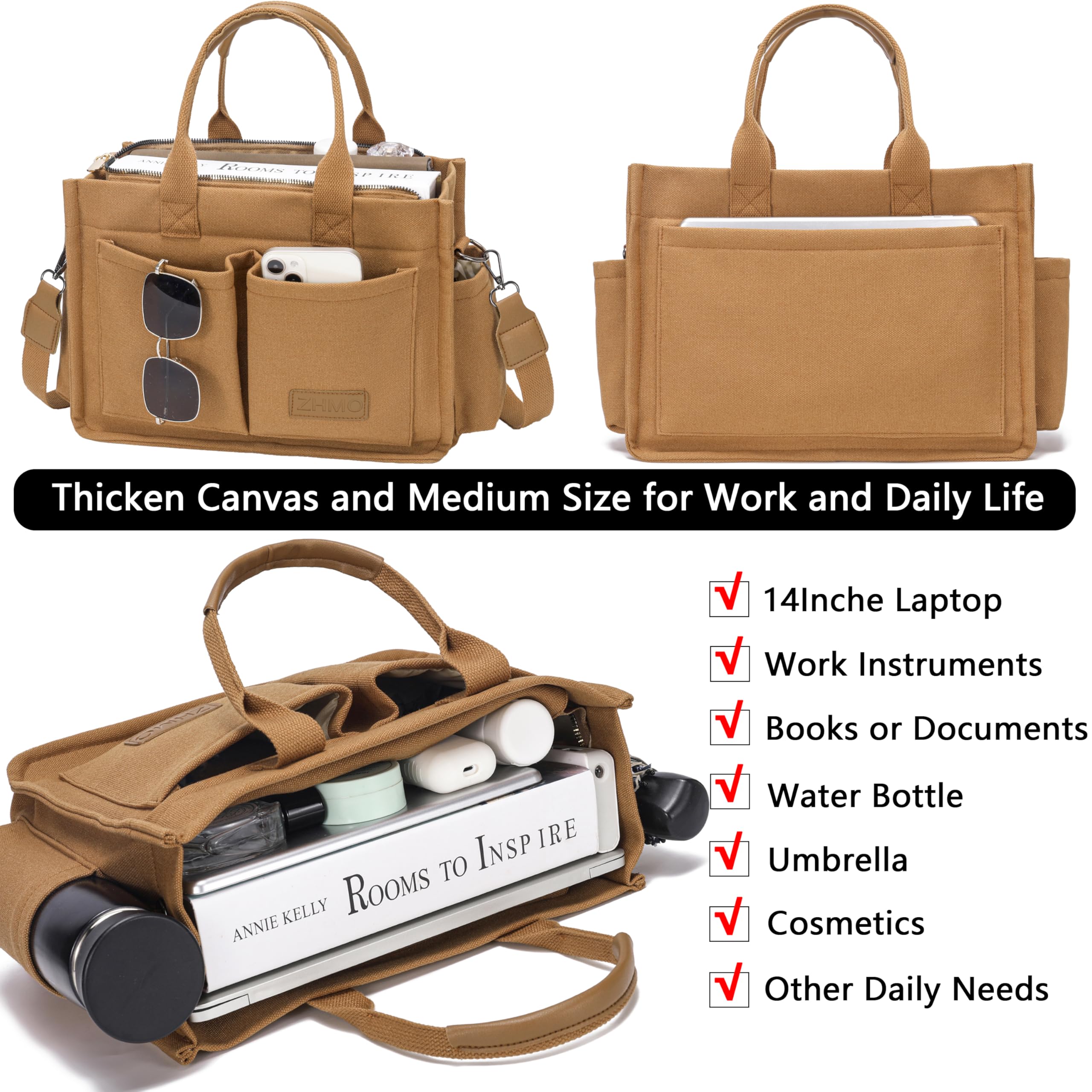 ZHMO Canvas Tote Bag for Women,Women's Bags Crossbody Bags Work Laptop Tote Bag Large Handbags Purse for Travel Nurse Teacher