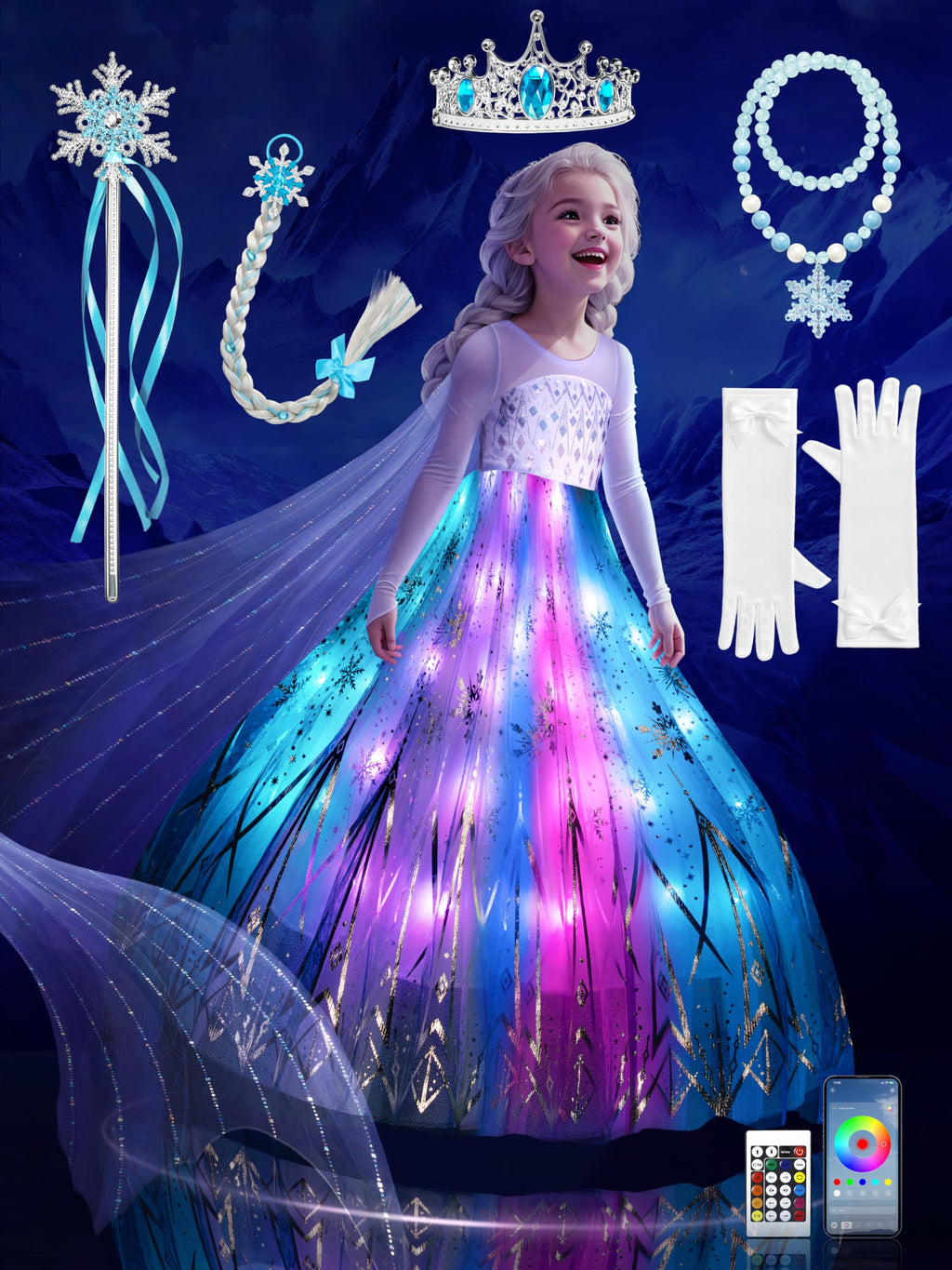 Princess Costume for Girls, RGB Light Up Princess Dress up Birthday Syncs Music App Control, Halloween costume 3-9