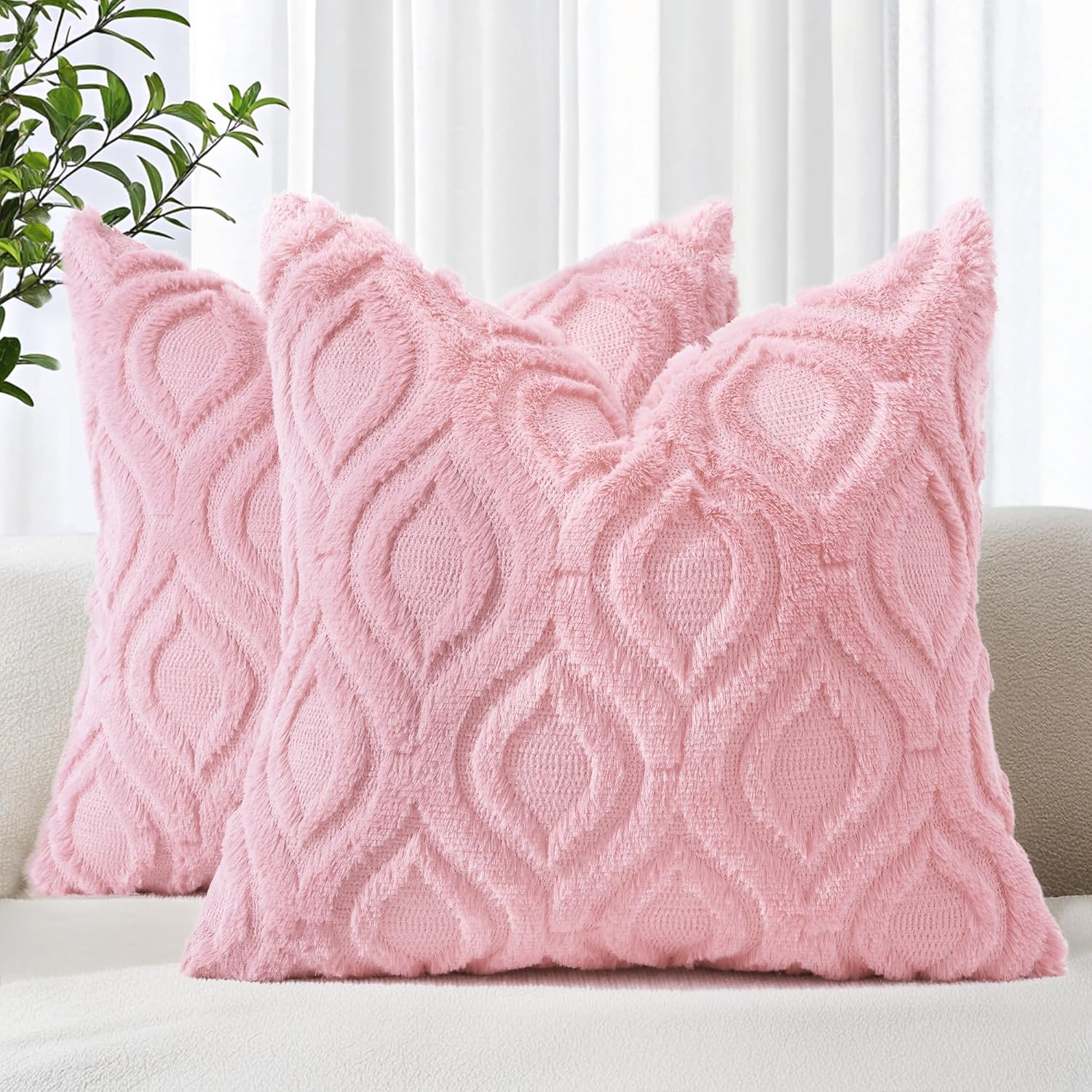 decorUhome Throw Pillow Covers 18x18 Inch Set of 2, Soft Plush Faux Wool Cream White Solid Couch Pillow Covers, Accent Farmhouse Neutral Square Pillow Cases for Sofa Bed Living Room
