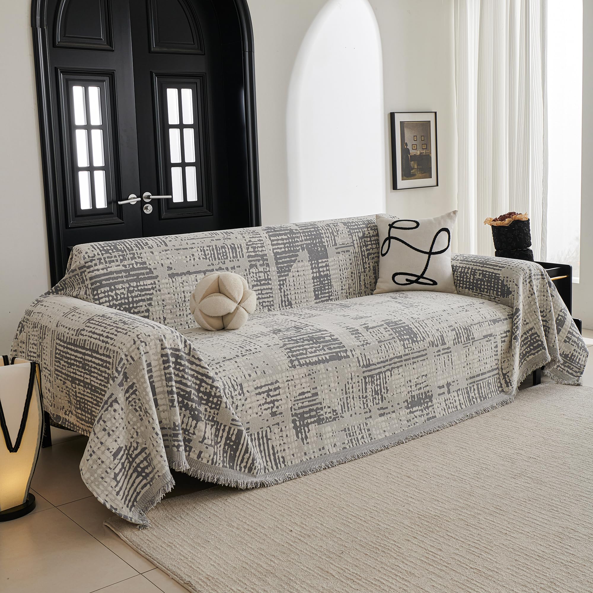 MYSKY HOME Boho Couch Cover Super Soft Couch Covers for 2-3 Cushion Couch Sofa, Modern Grey Jacquard Sofa Slipcover Loveseat Futon Cover, Couch Covers for Sectional Sofa, 71" x 118", Grey Curve